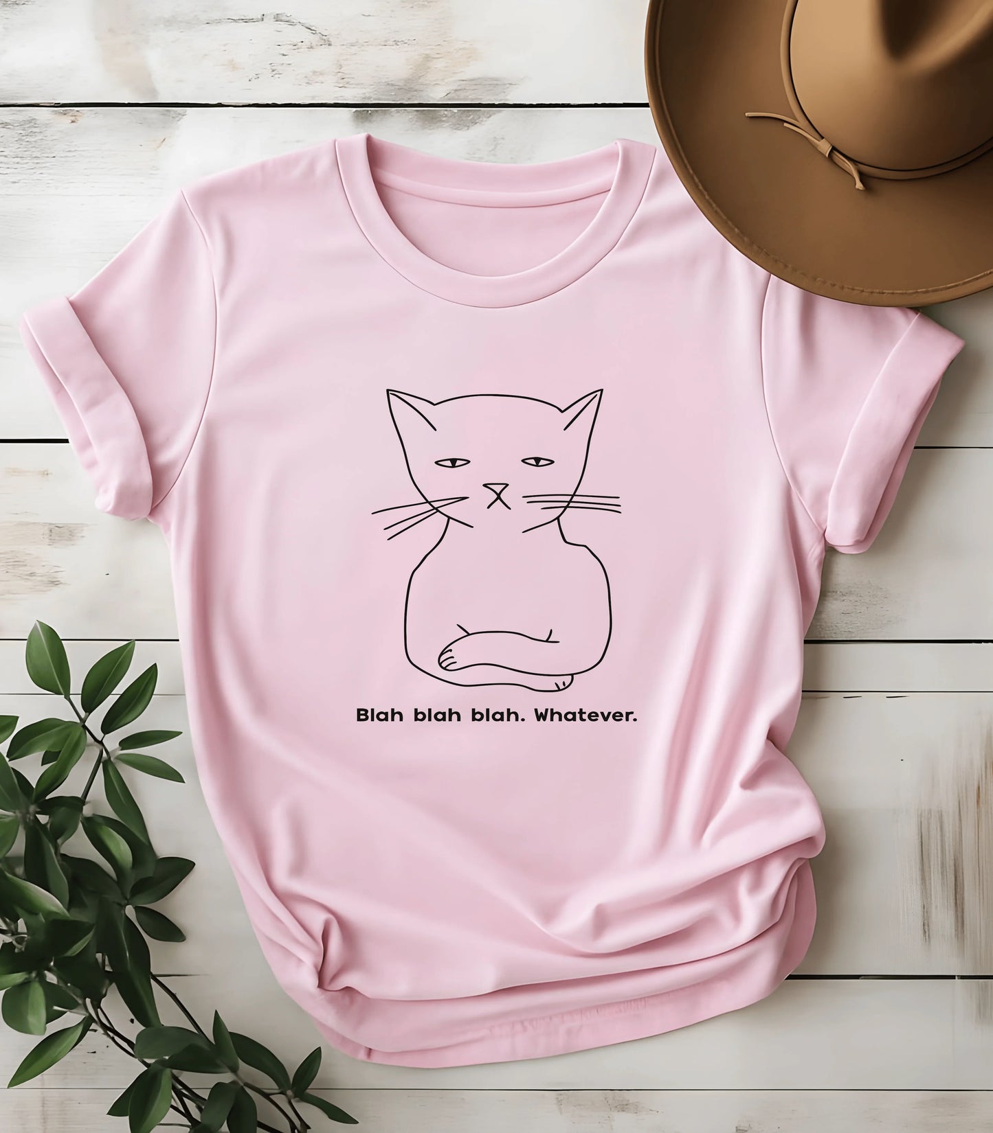 Funny cat graphic tee with 'Blah blah blah. Whatever.' text on pink shirt
