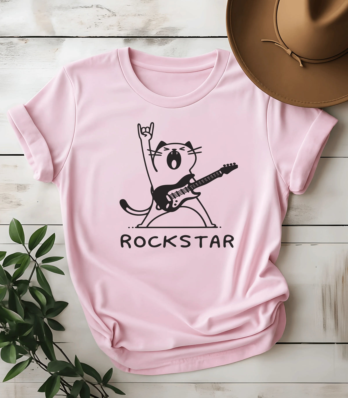 Funny cat rockstar graphic tee on pink t-shirt