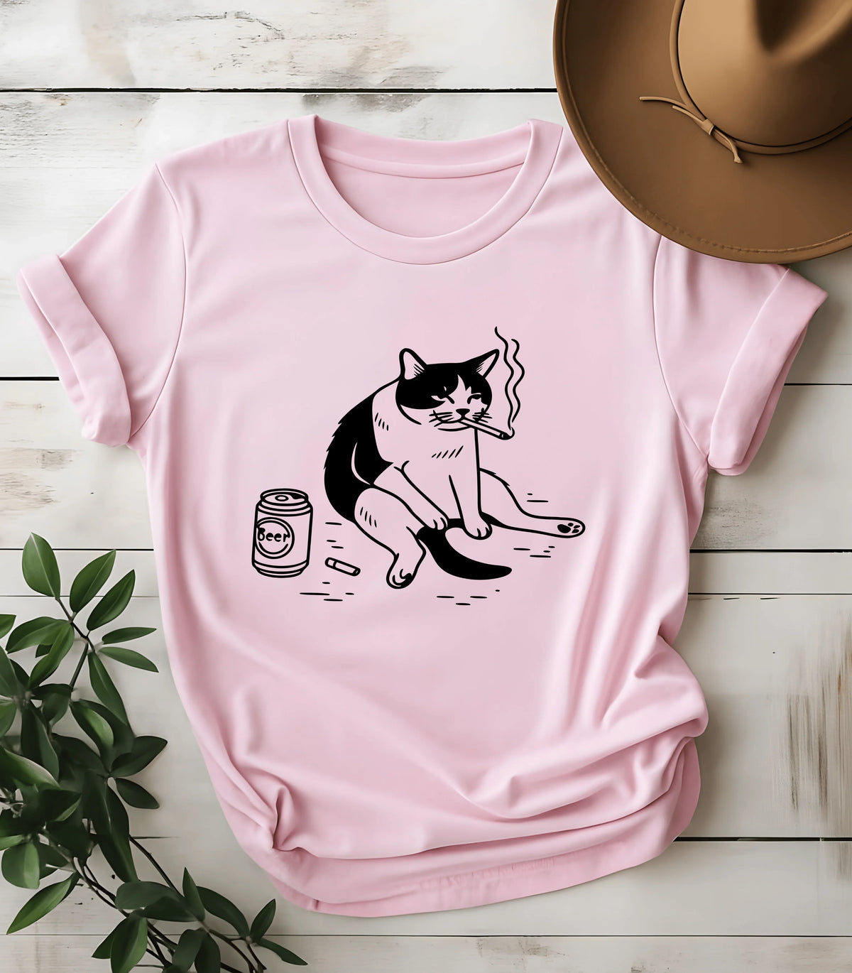 Funny cat graphic tee with smoking cat and beer can on pink shirt