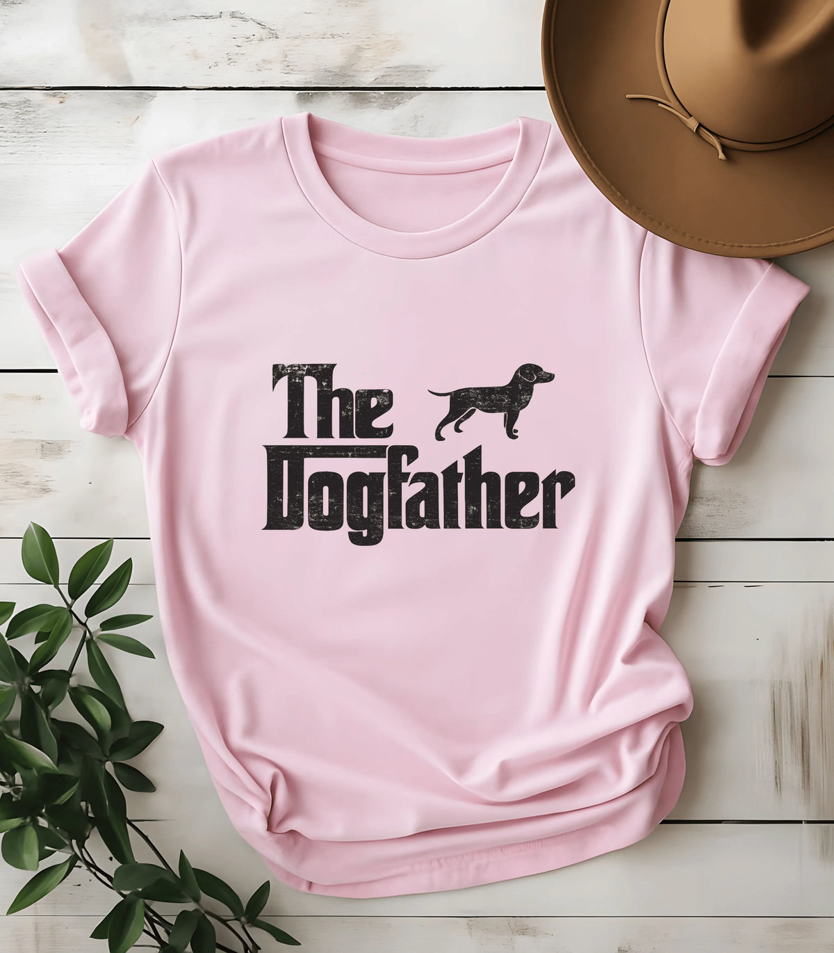The Dogfather funny dog graphic t-shirt on pink tee