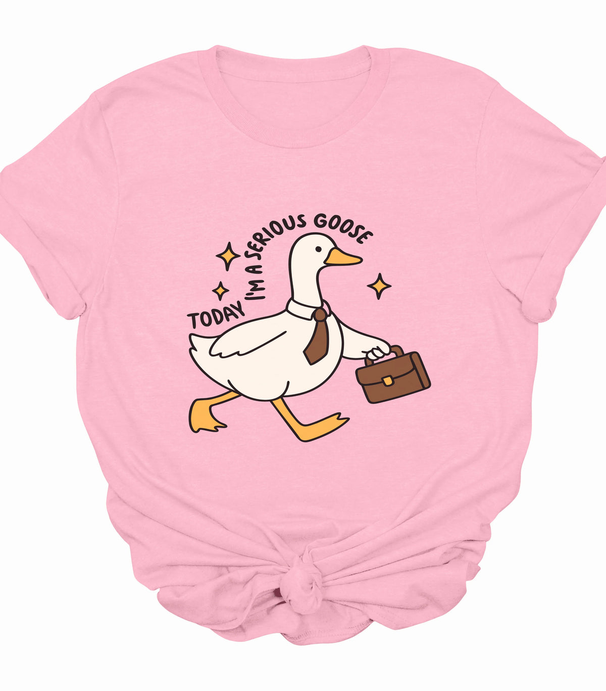 Funny goose graphic tee with 'Today I'm a serious goose' text on pink shirt