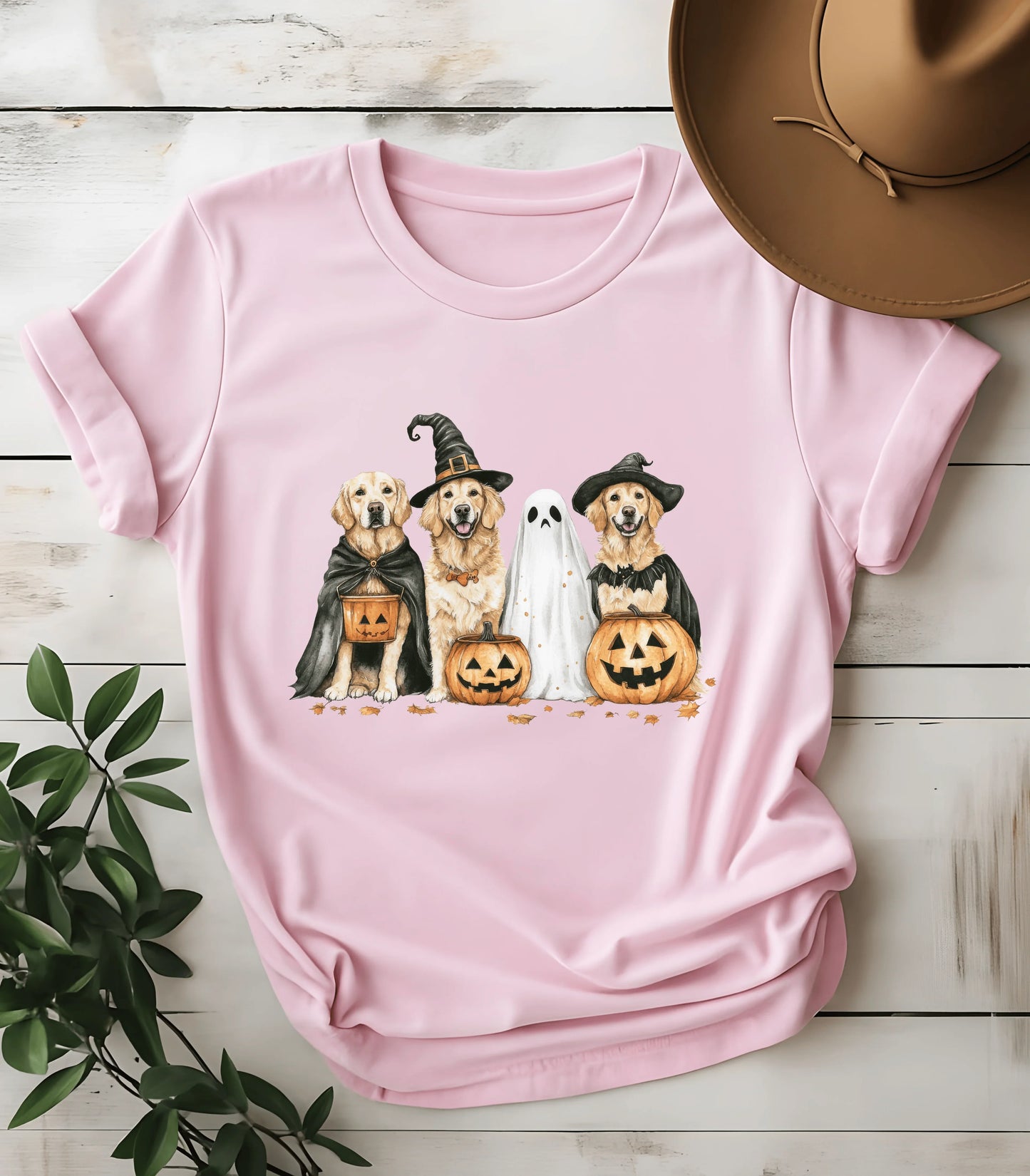 Funny dog Halloween graphic tee with witch hats and pumpkins