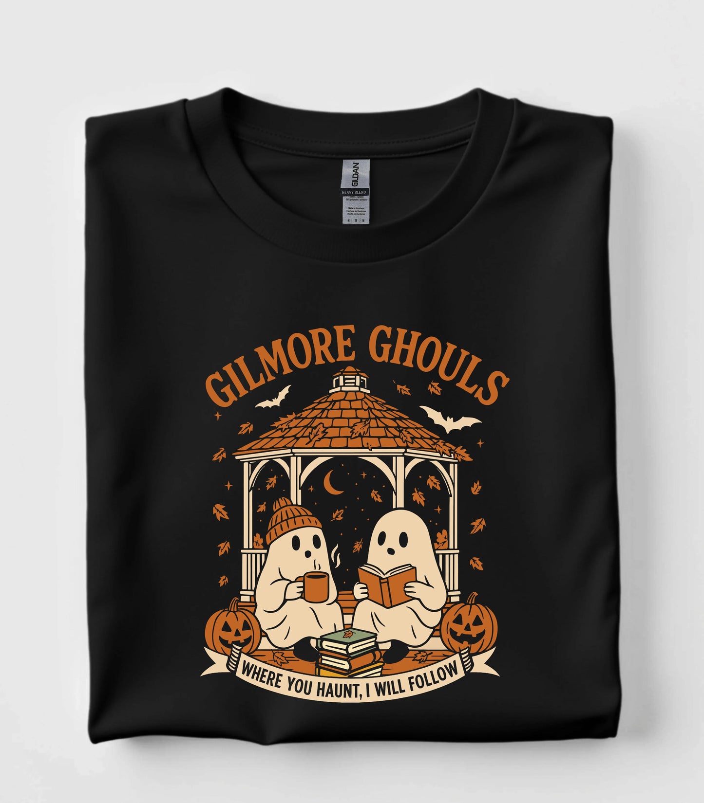 Gilmore Ghouls Halloween graphic tee with ghosts reading under gazebo