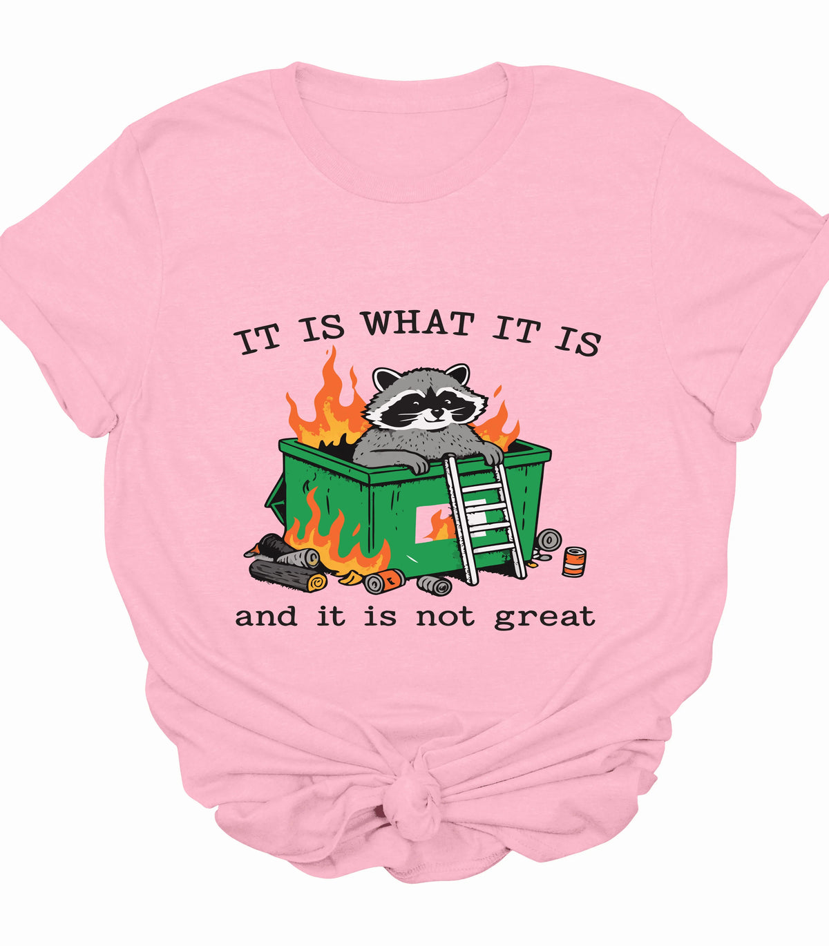 Funny raccoon graphic tee with dumpster fire design on pink shirt