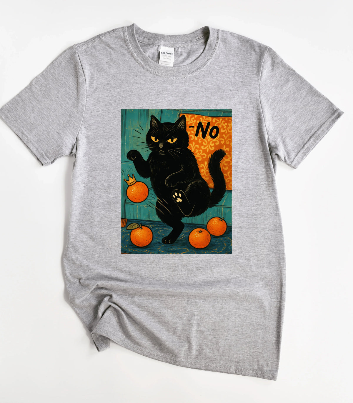 Funny black cat graphic tee with oranges and 'No' text