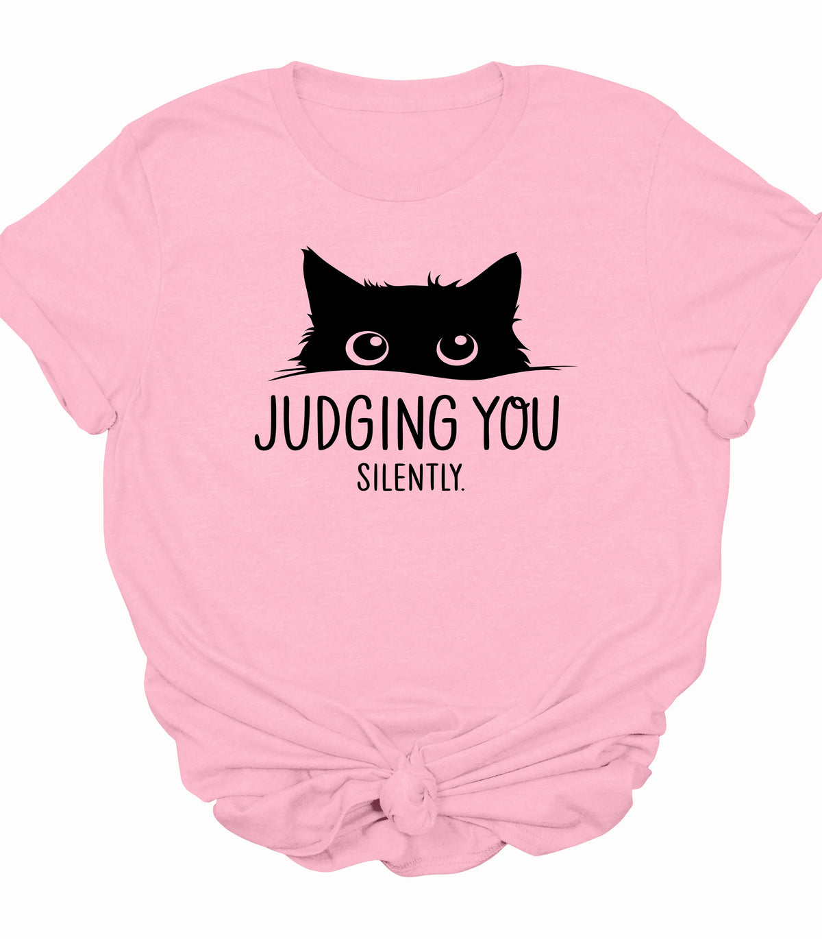 Pink t-shirt with black cat graphic and 'Judging You Silently' text