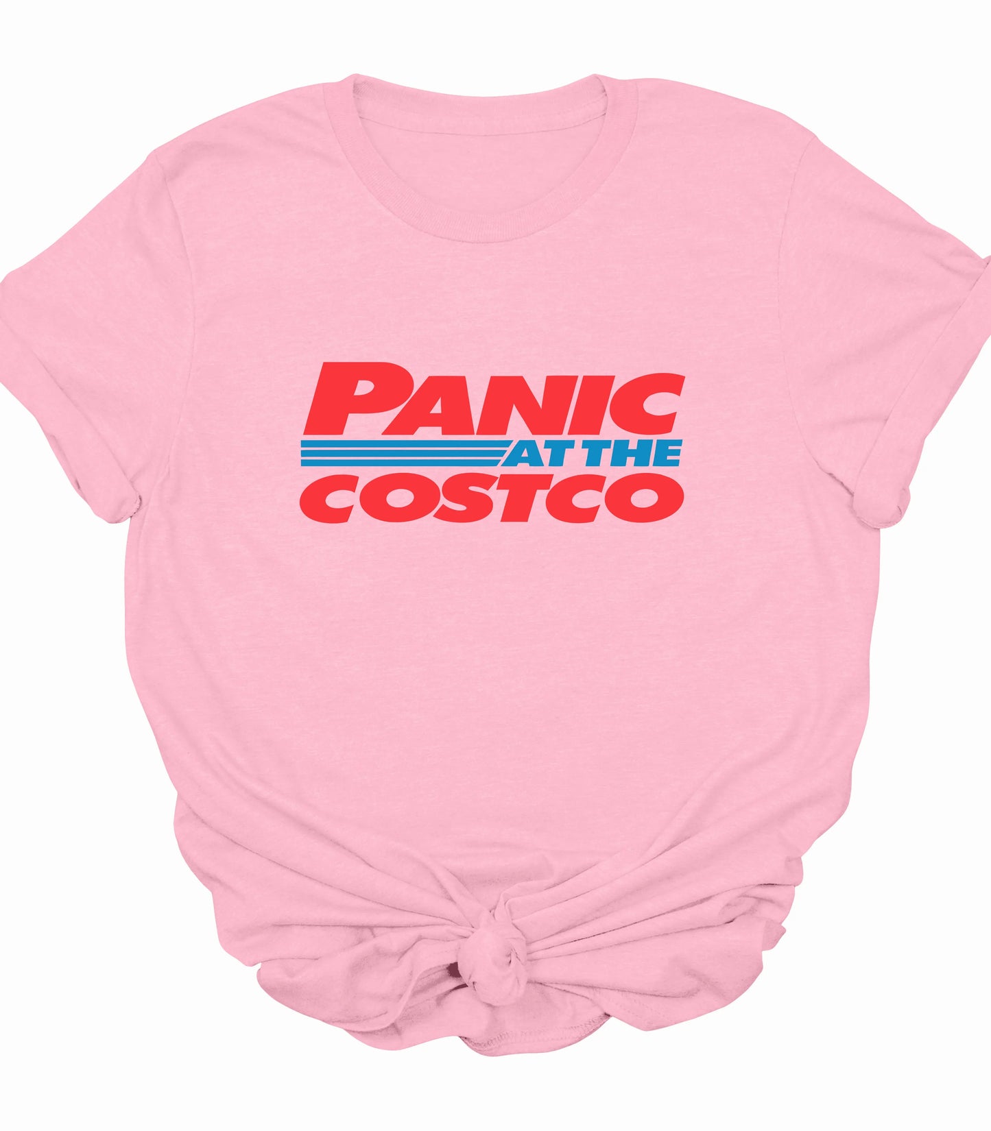 Pink graphic tee with 'Panic at the Costco' text design
