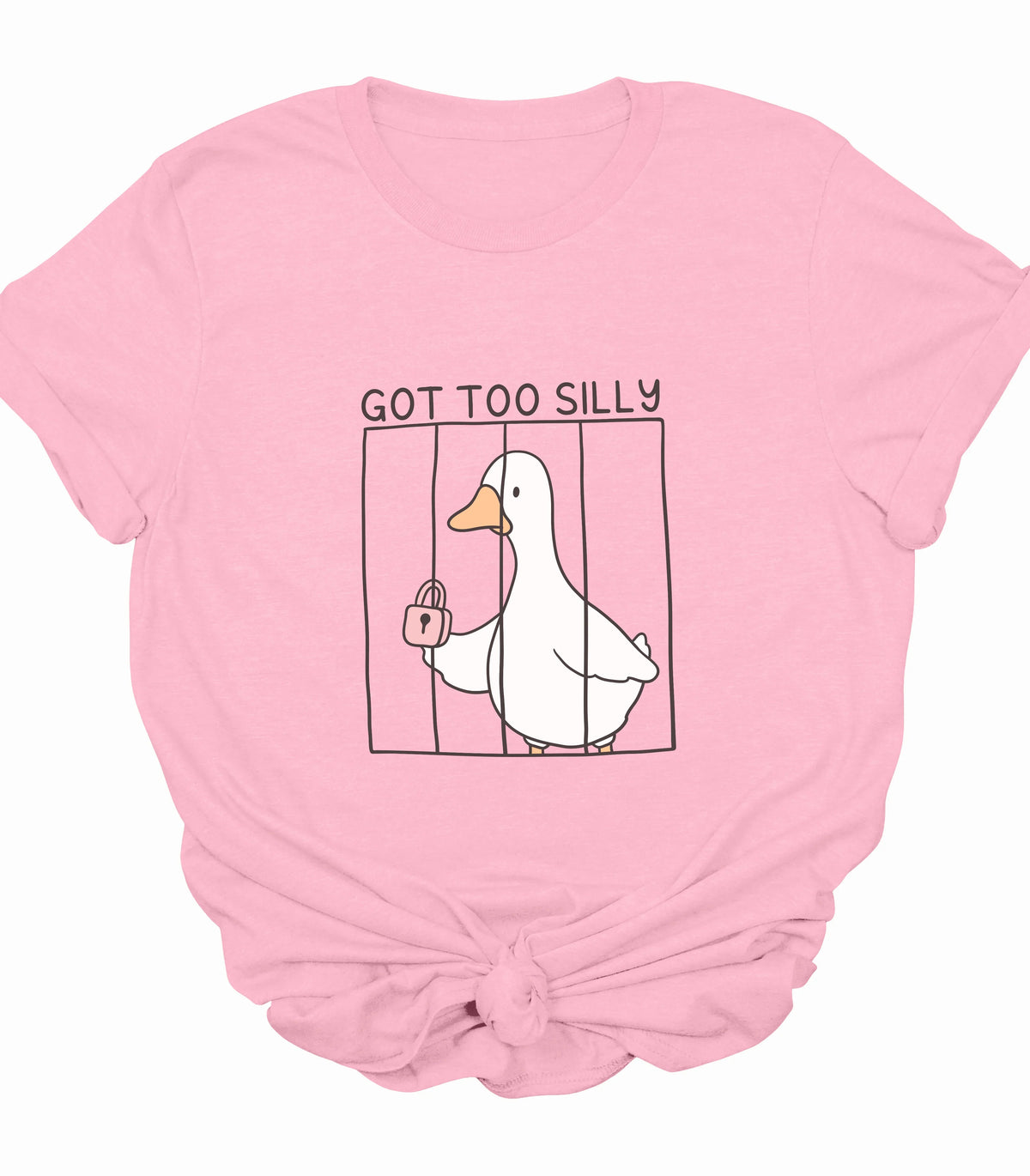 Pink t-shirt with funny duck graphic and 'Got Too Silly' text