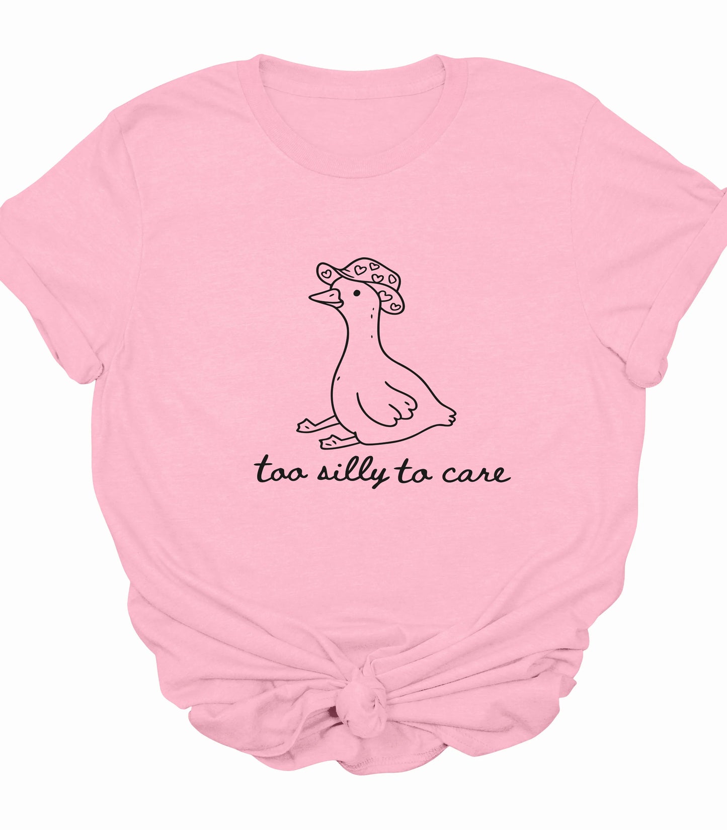 Pink t-shirt with silly duck graphic and 'too silly to care' text
