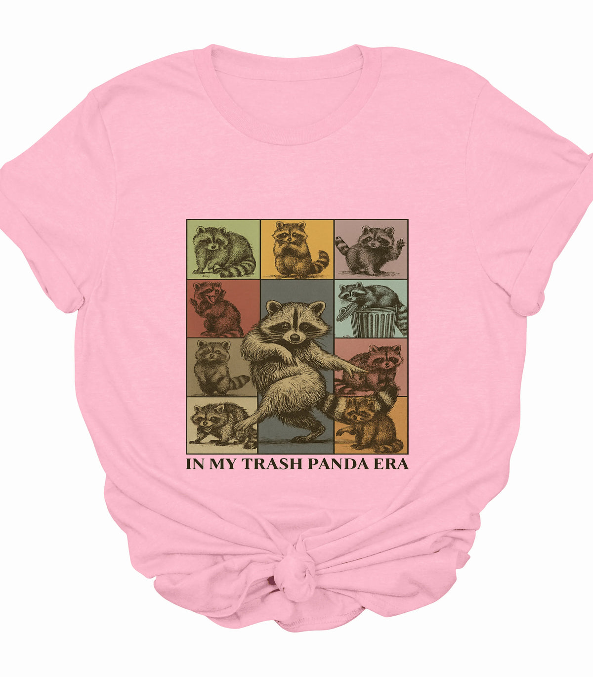 Pink t-shirt with raccoon collage graphic and 'IN MY TRASH PANDA ERA' text