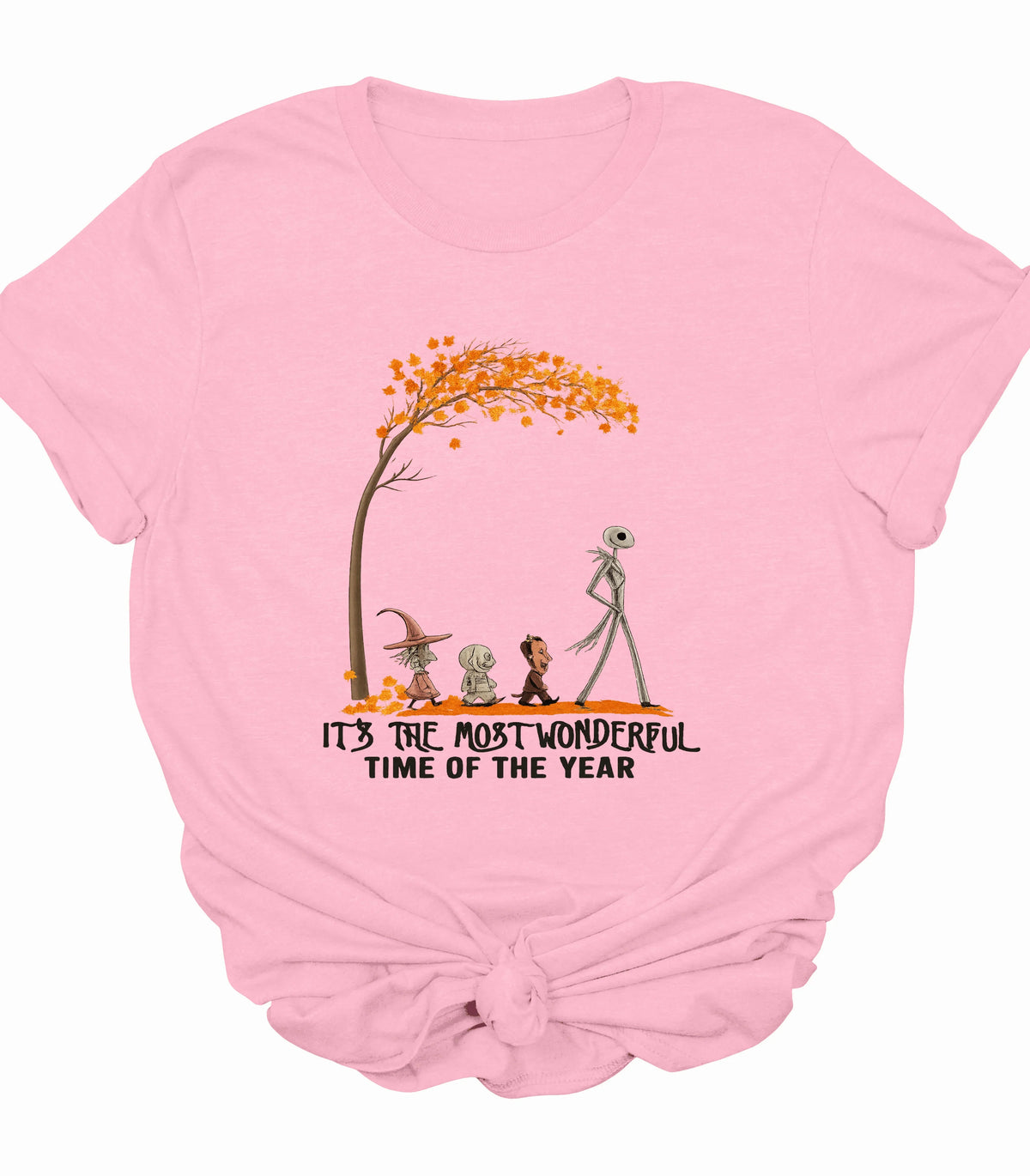 Funny Halloween graphic tee with autumn tree and characters, pink t-shirt
