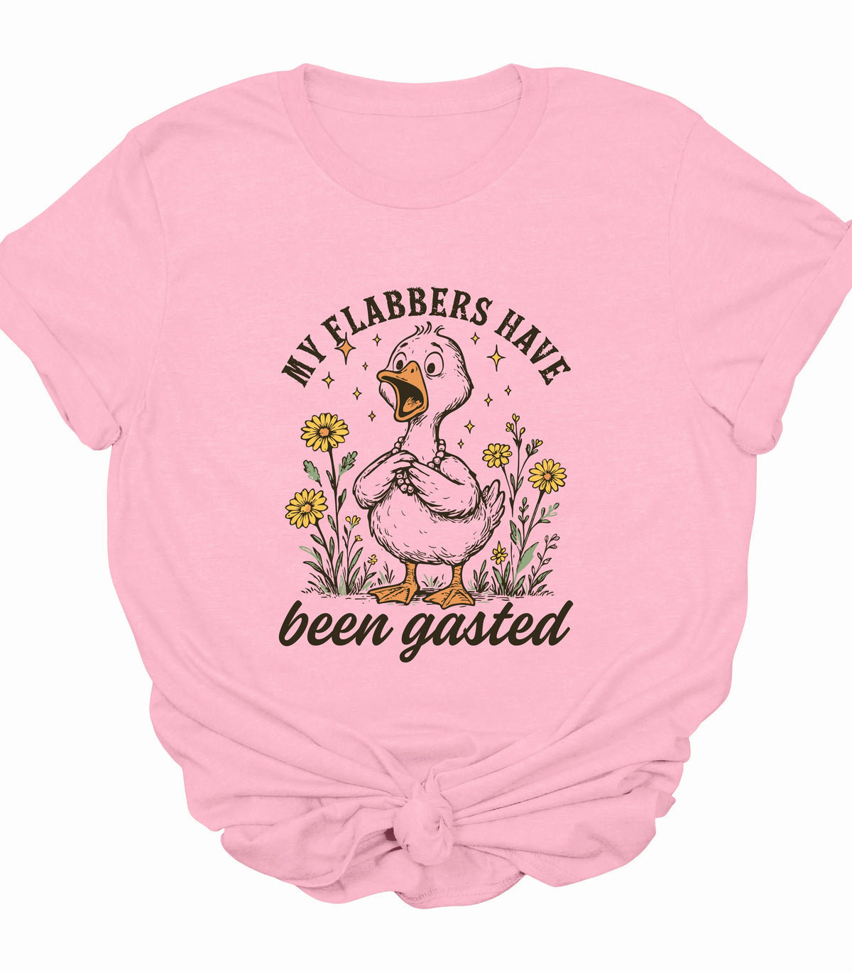 Funny duck graphic tee with 'My flabbers have been gasted' text on pink shirt