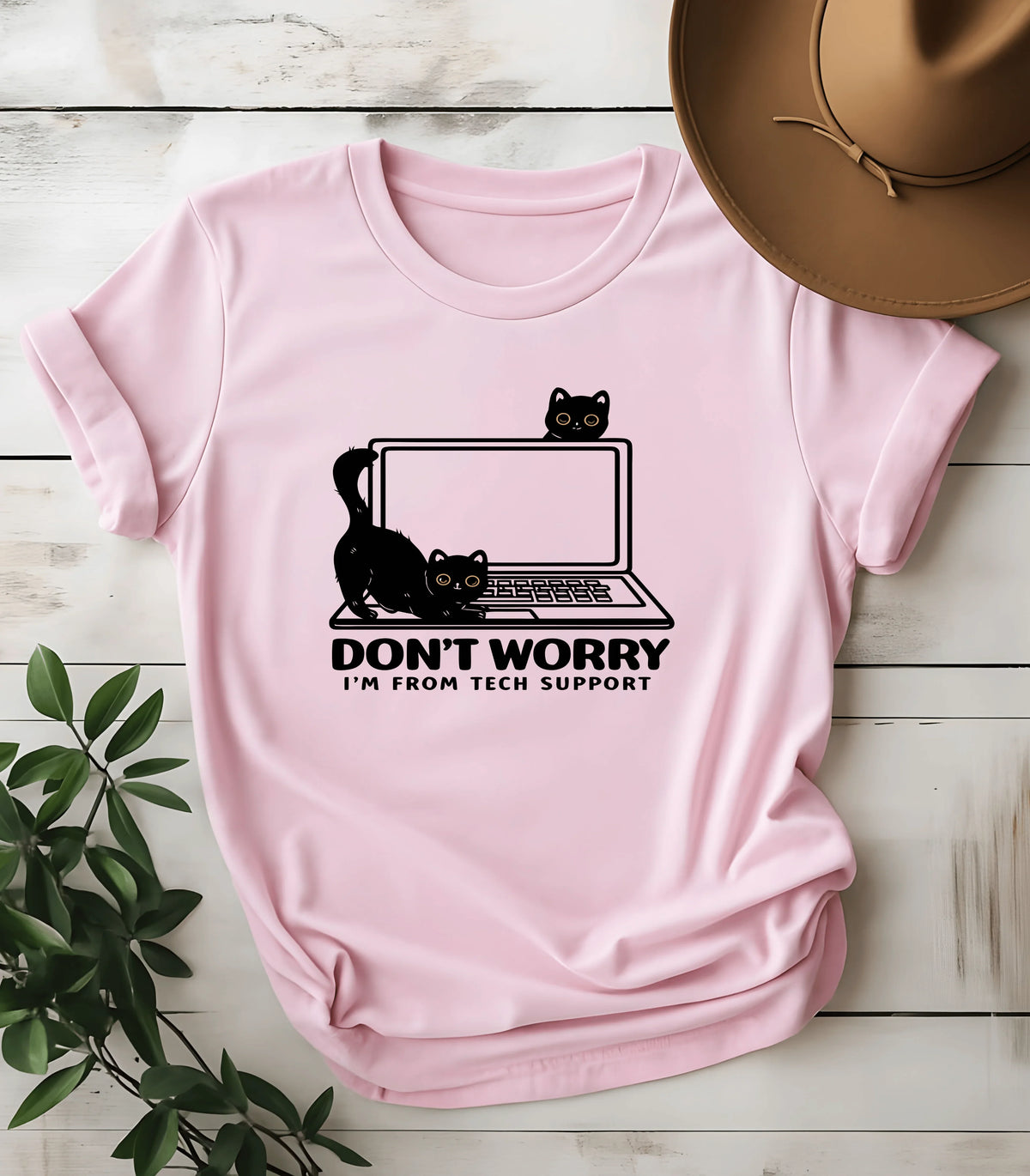 Pink t-shirt with funny cat graphic on laptop, text 'Don't Worry I'm From Tech Support'