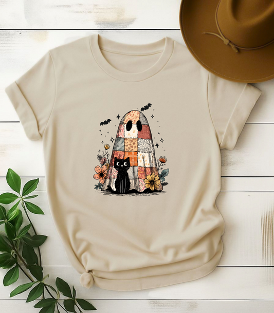 Halloween Black Cat And Cute Ghost T-Shirt