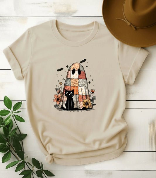 Halloween Black Cat And Cute Ghost T-Shirt