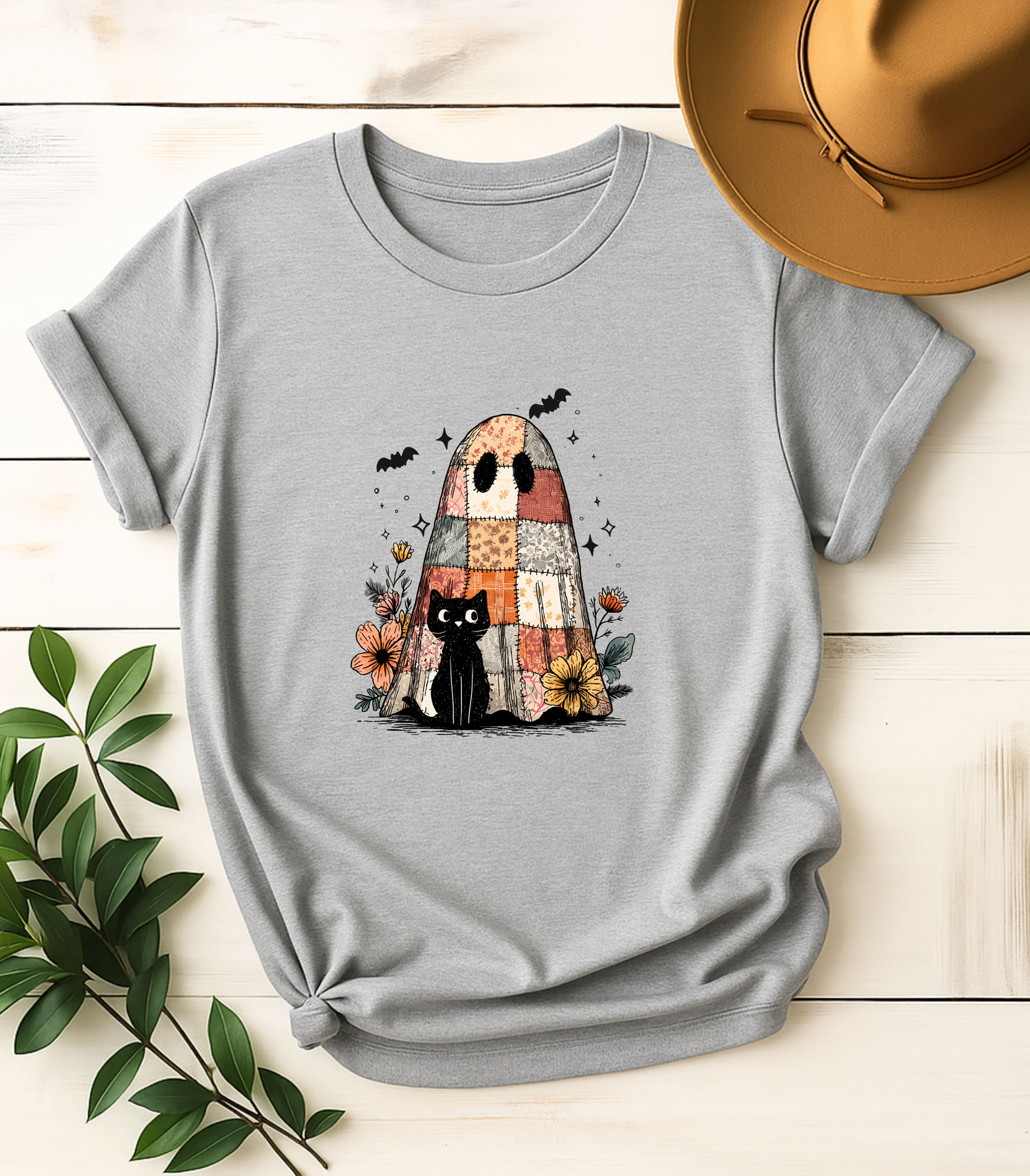 Halloween Black Cat And Cute Ghost T-Shirt