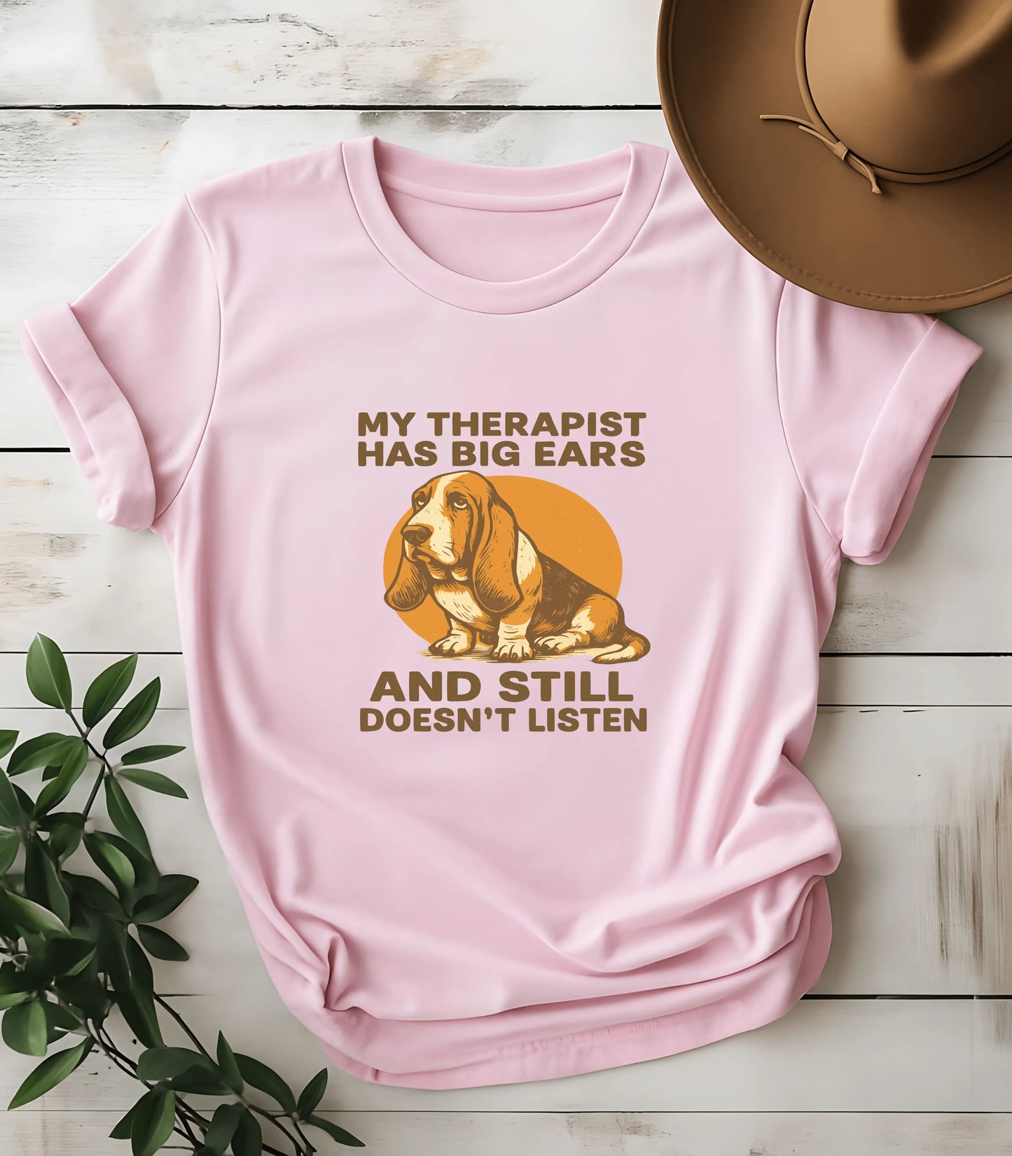 Funny dog graphic tee with basset hound and text on pink shirt