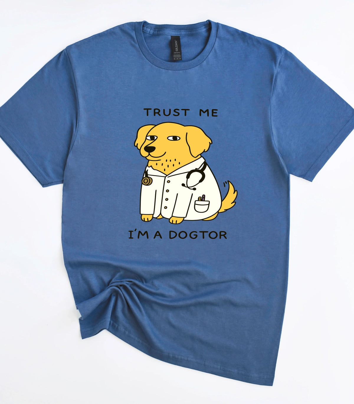 Funny dog graphic tee with 'Trust Me I'm a Dogtor' text on blue shirt