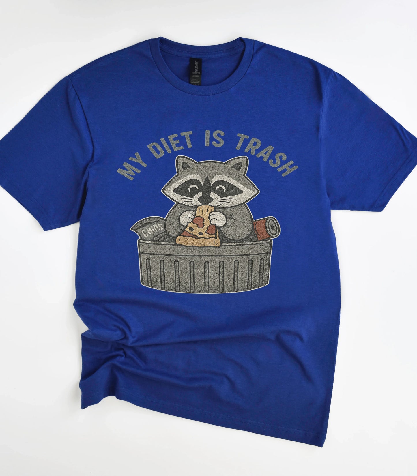 Funny raccoon graphic t-shirt with 'My Diet Is Trash' text on blue tee