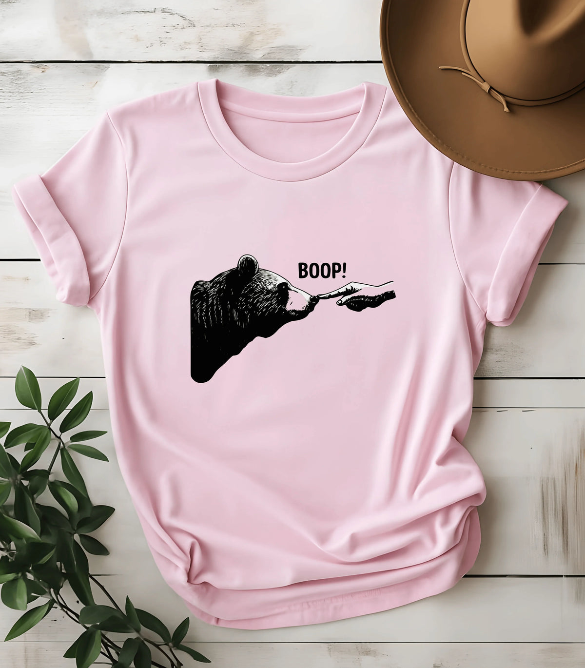 Funny bear graphic tee with 'BOOP!' text on pink shirt