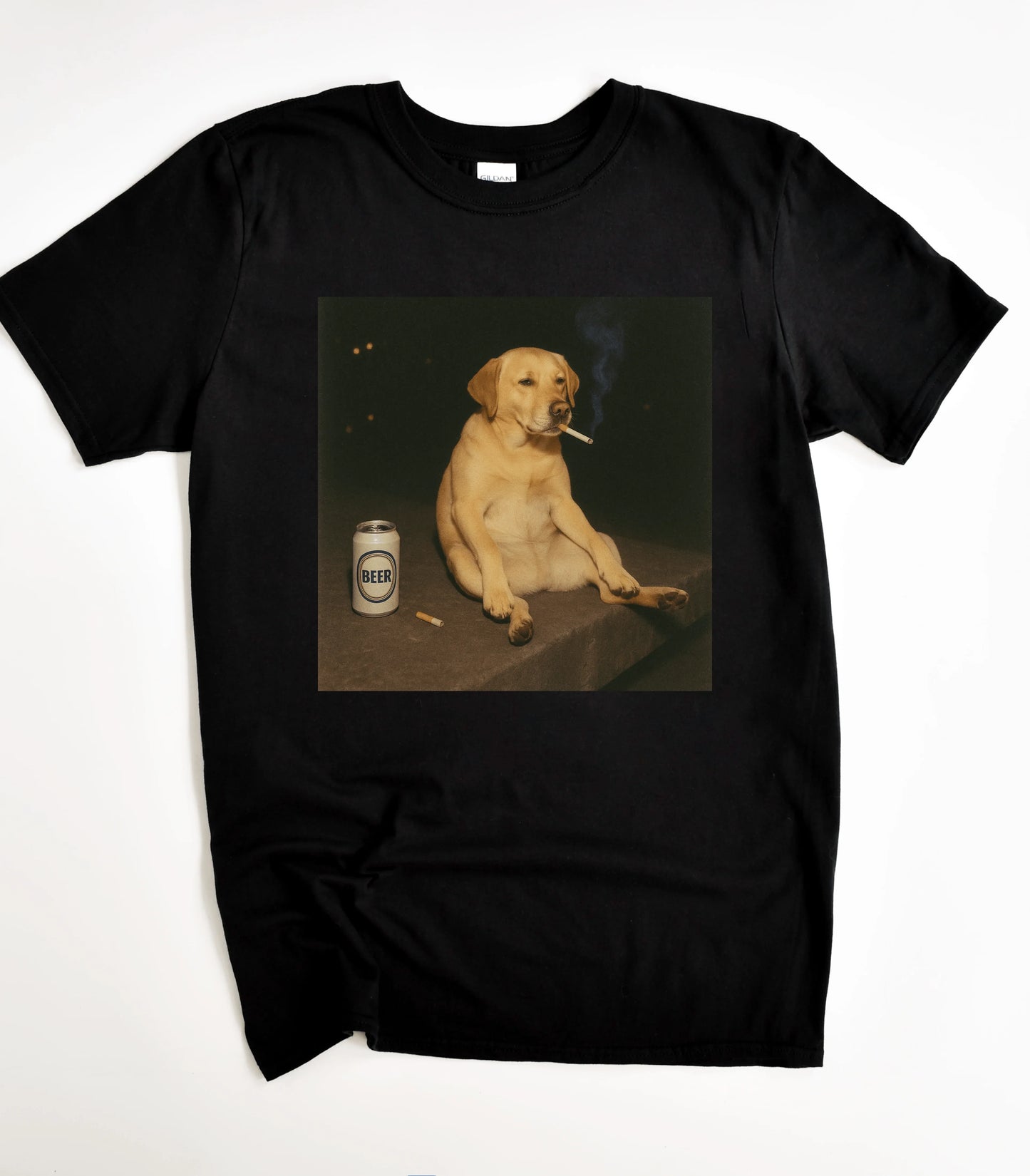 Funny dog graphic tee with beer can and cigarette design on black t-shirt