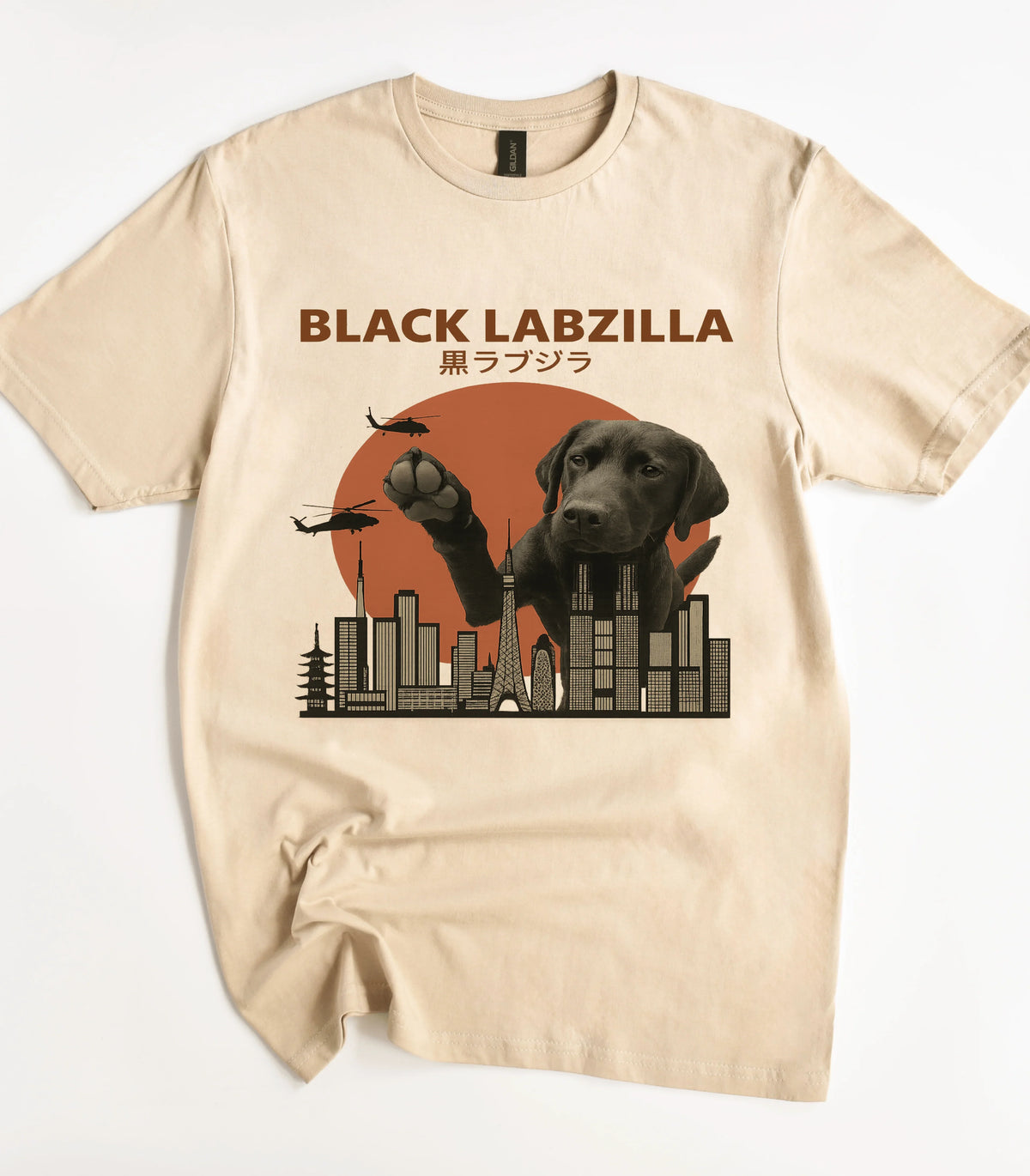 Black Labzilla funny dog graphic tee with city skyline and helicopters