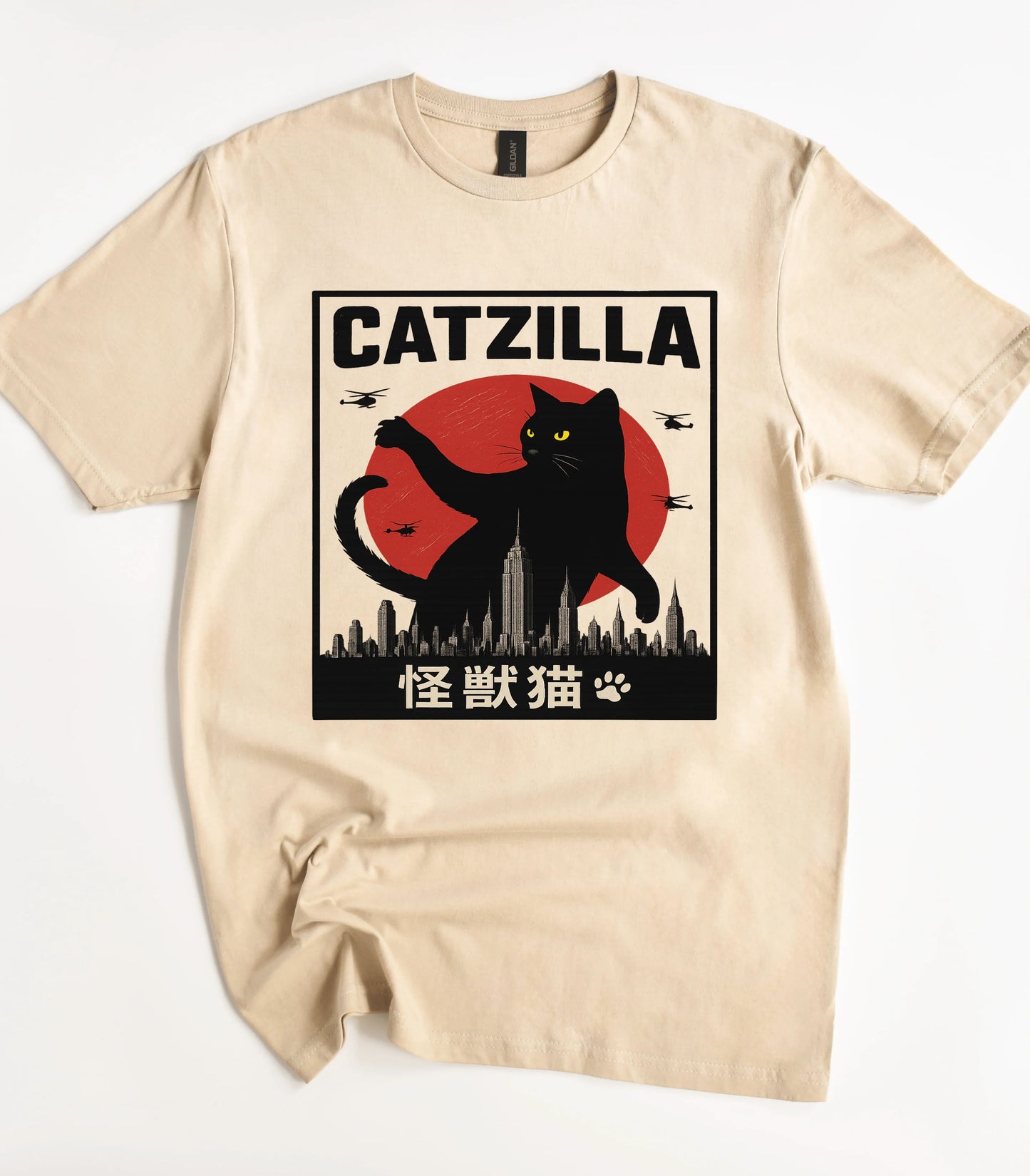 Catzilla funny cat graphic tee with city skyline and helicopters
