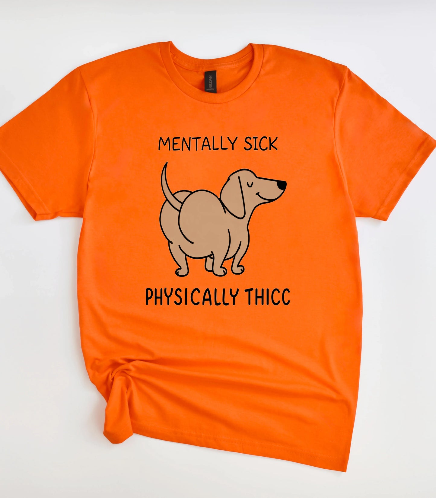 Funny dog graphic tee with 'Mentally Sick Physically Thicc' text on orange shirt