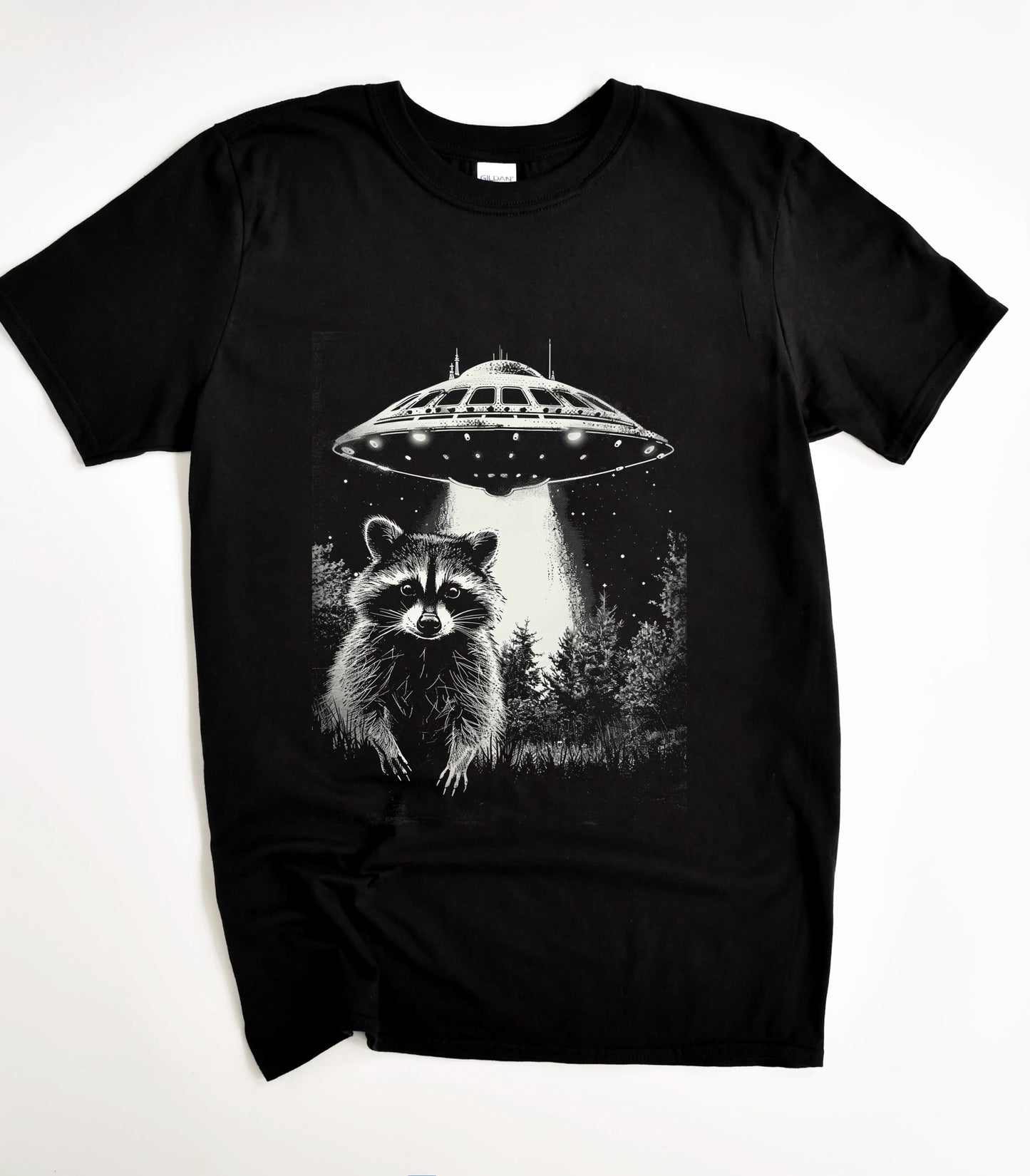Raccoon under UFO graphic tee on black t-shirt