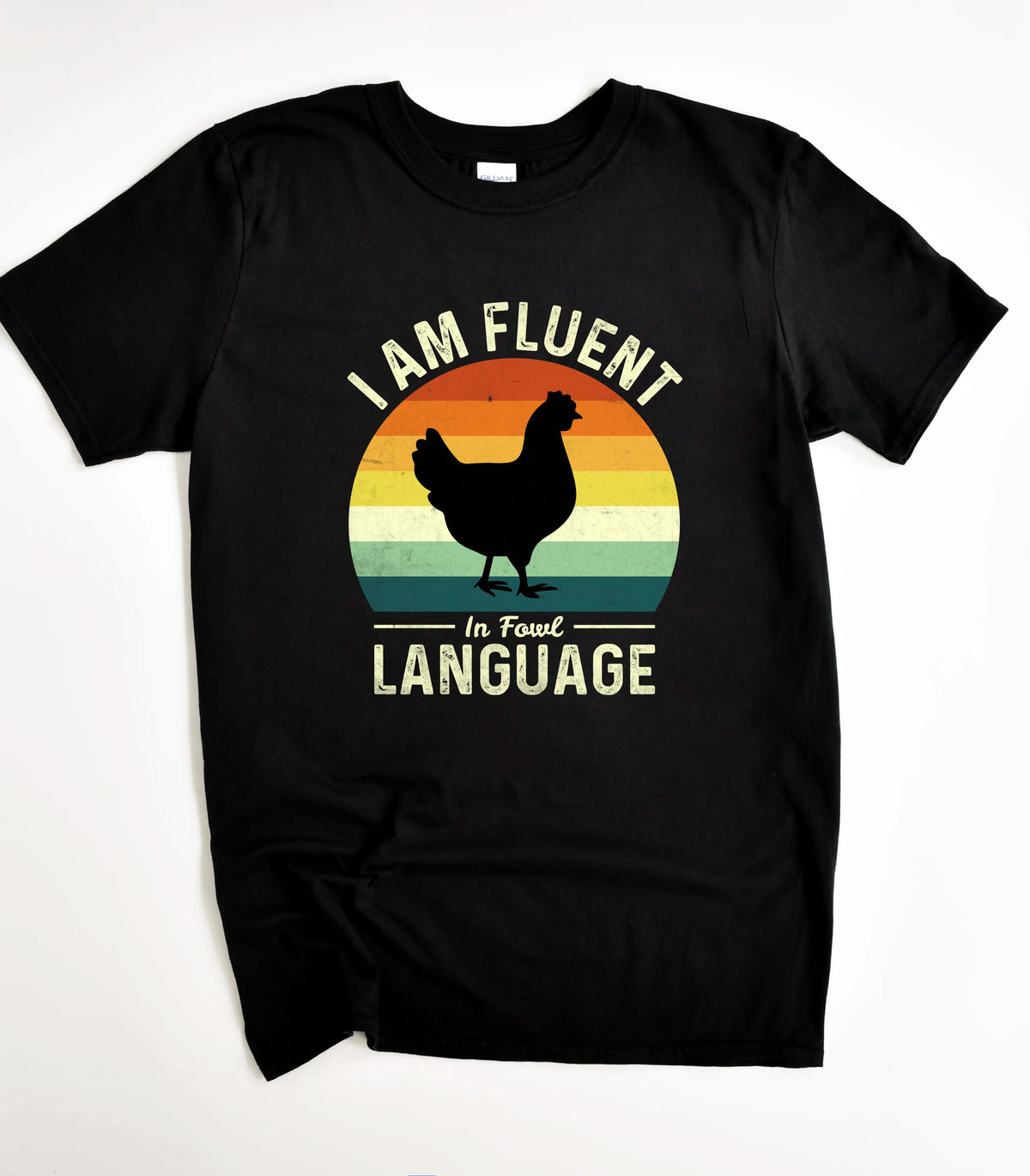 Funny fowl language graphic tee with chicken silhouette on black shirt