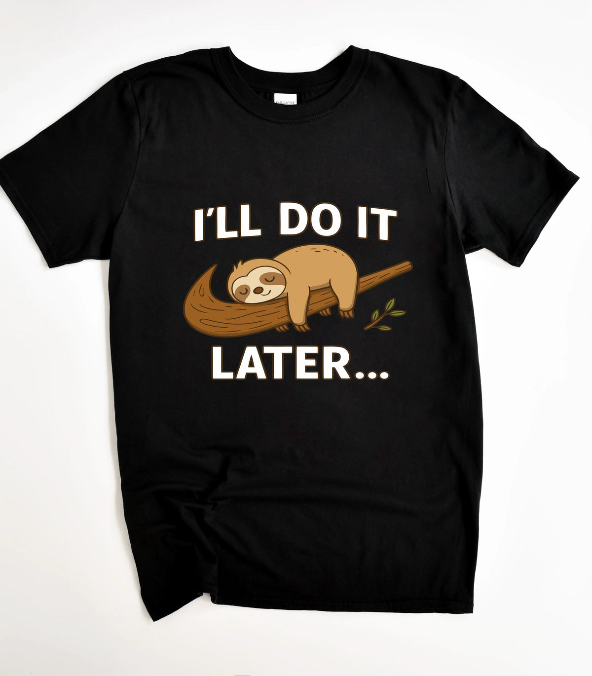 Funny sloth graphic tee with I'll do it later text on black shirt