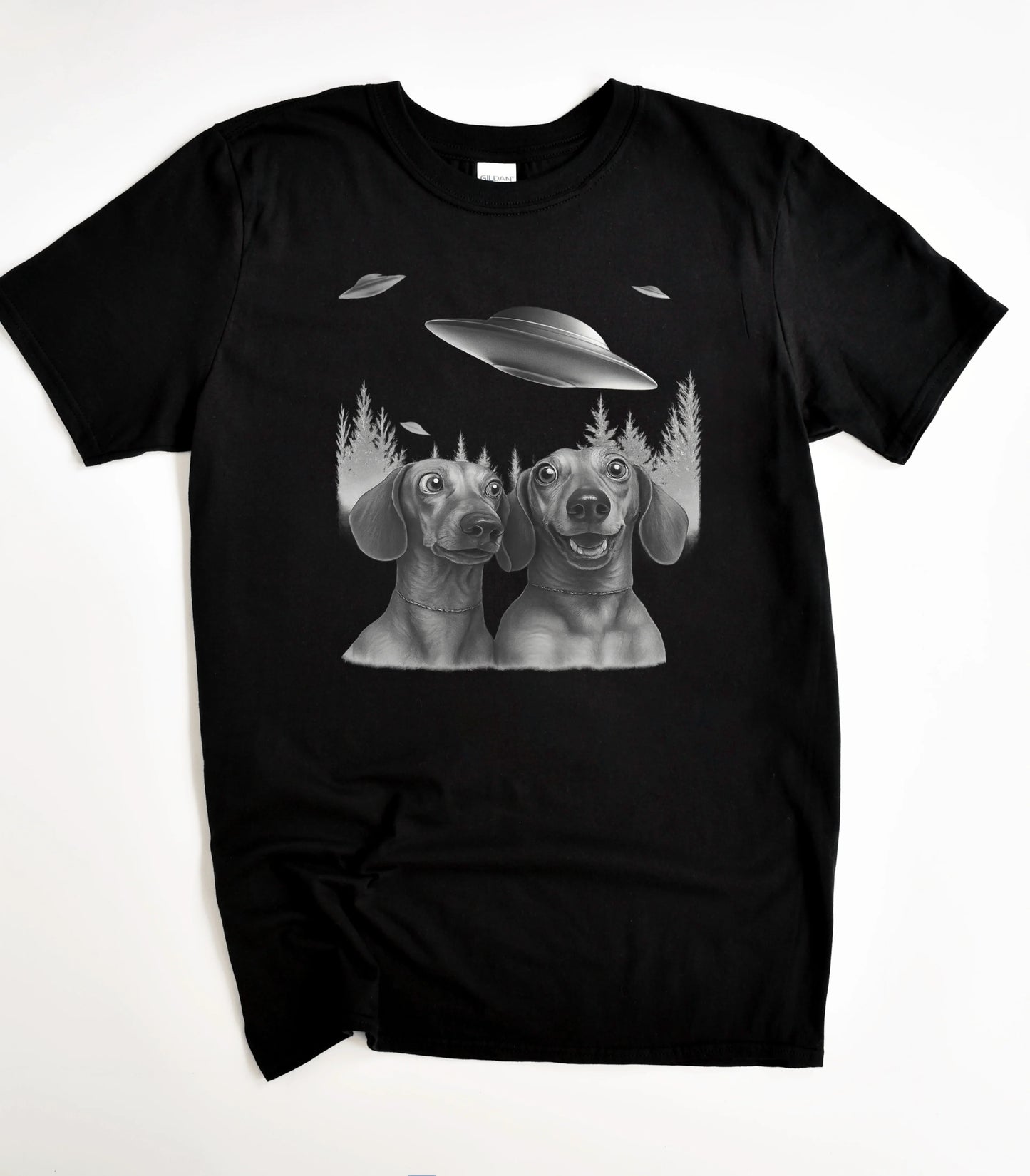 Funny dog graphic tee with UFO design on black t-shirt