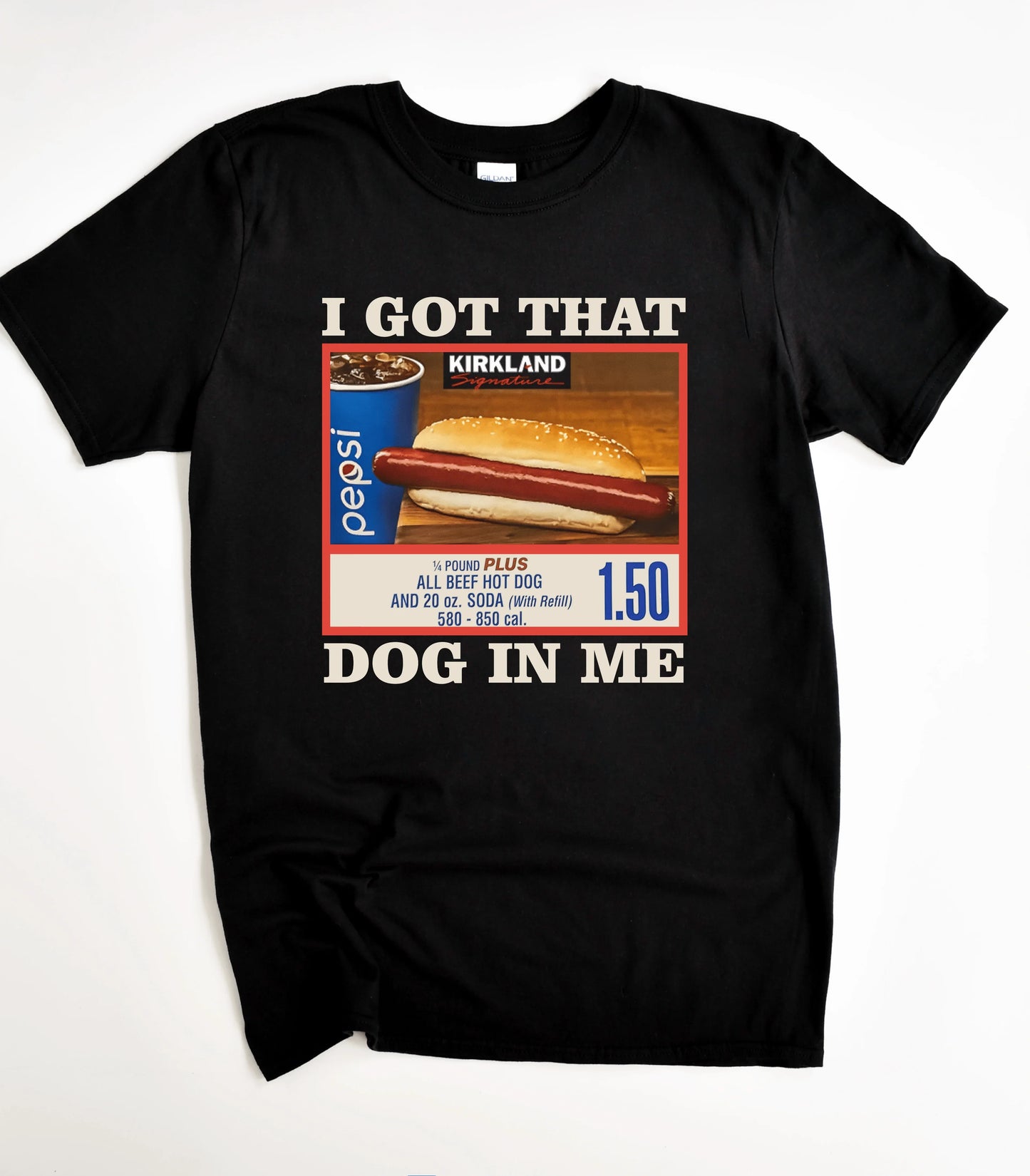 Funny hot dog graphic tee with 'I Got That Dog In Me' text on black shirt
