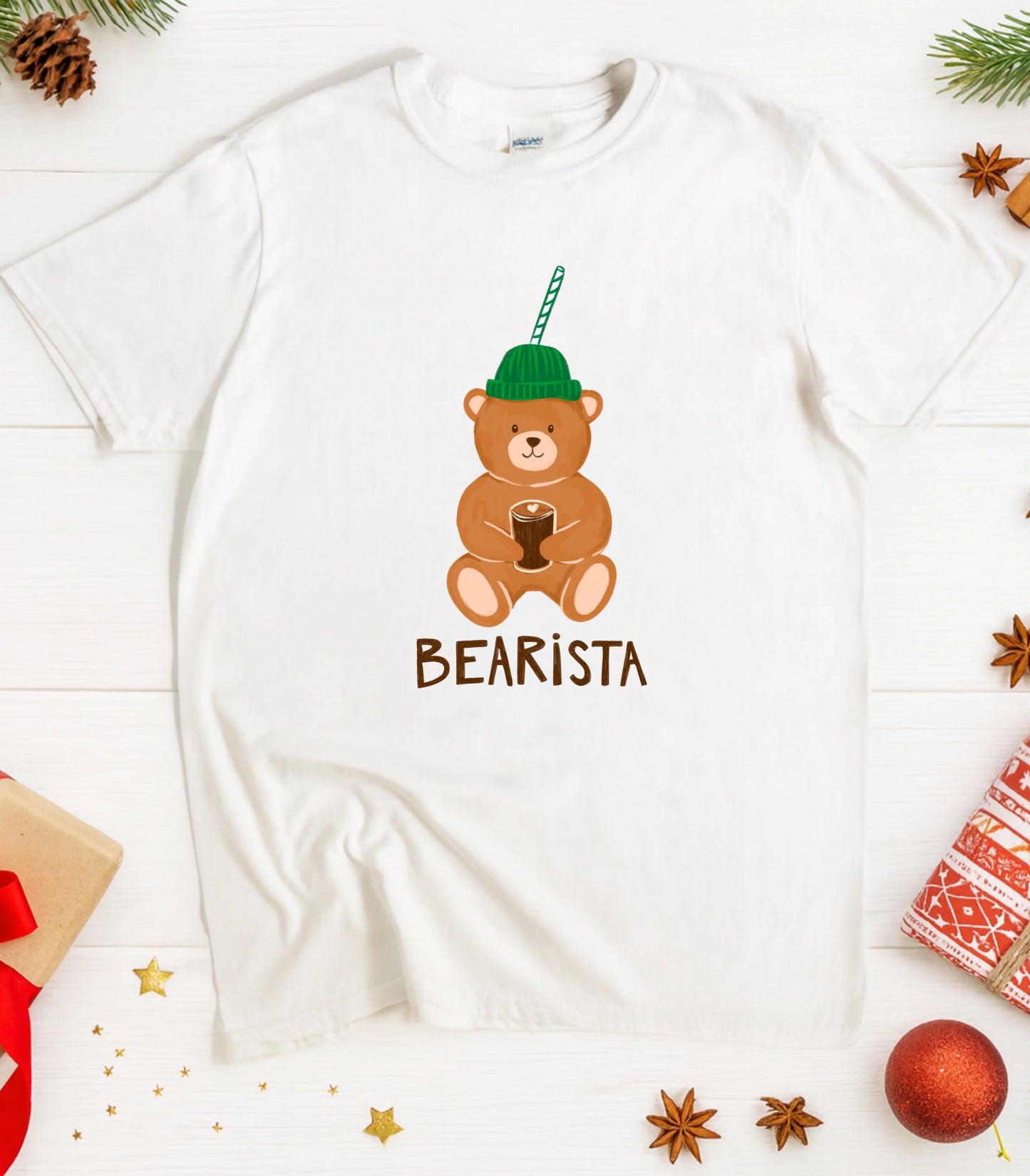 Bearista graphic tee with bear in green hat holding coffee cup