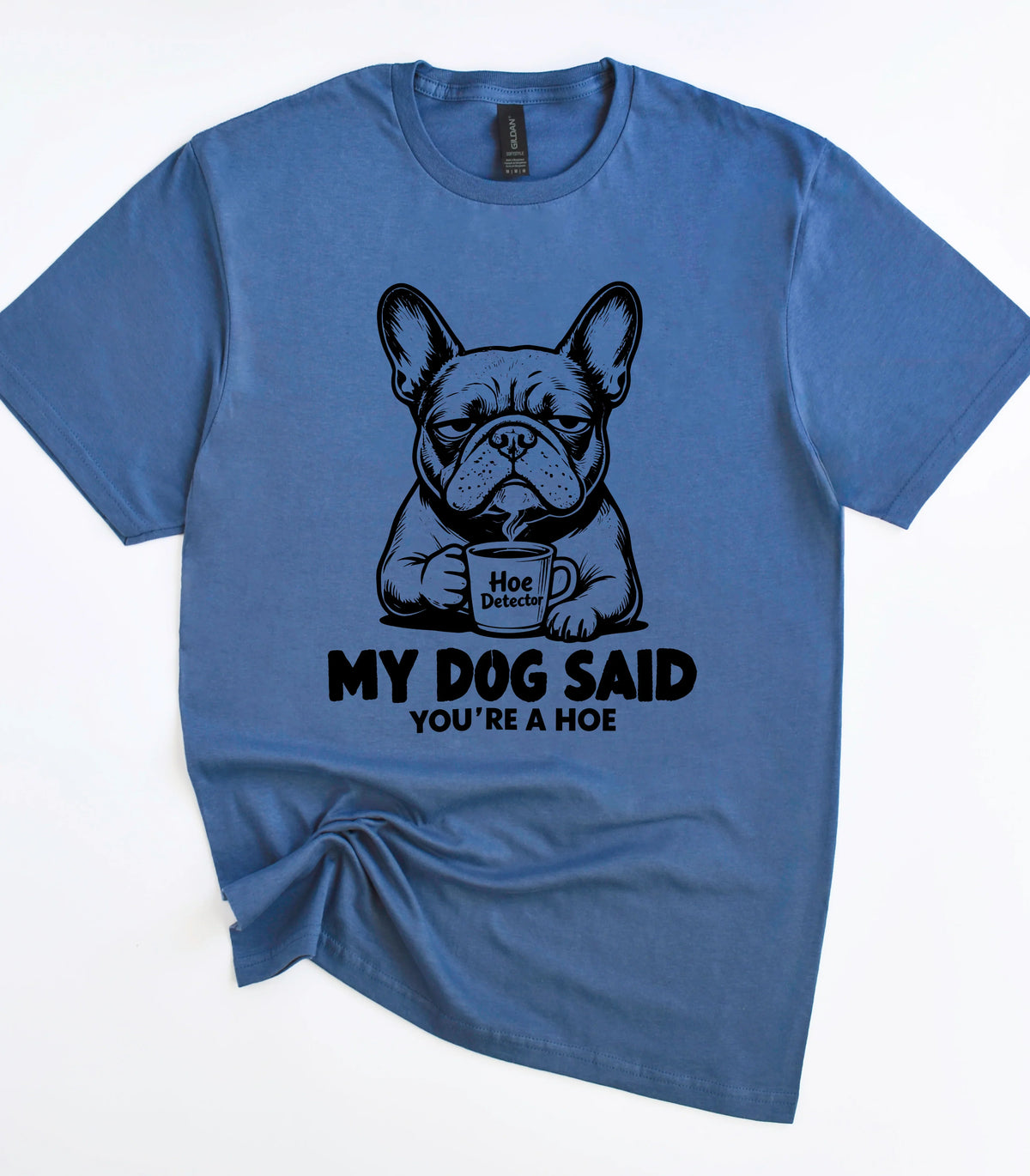 Funny dog graphic tee with bulldog holding coffee mug and text