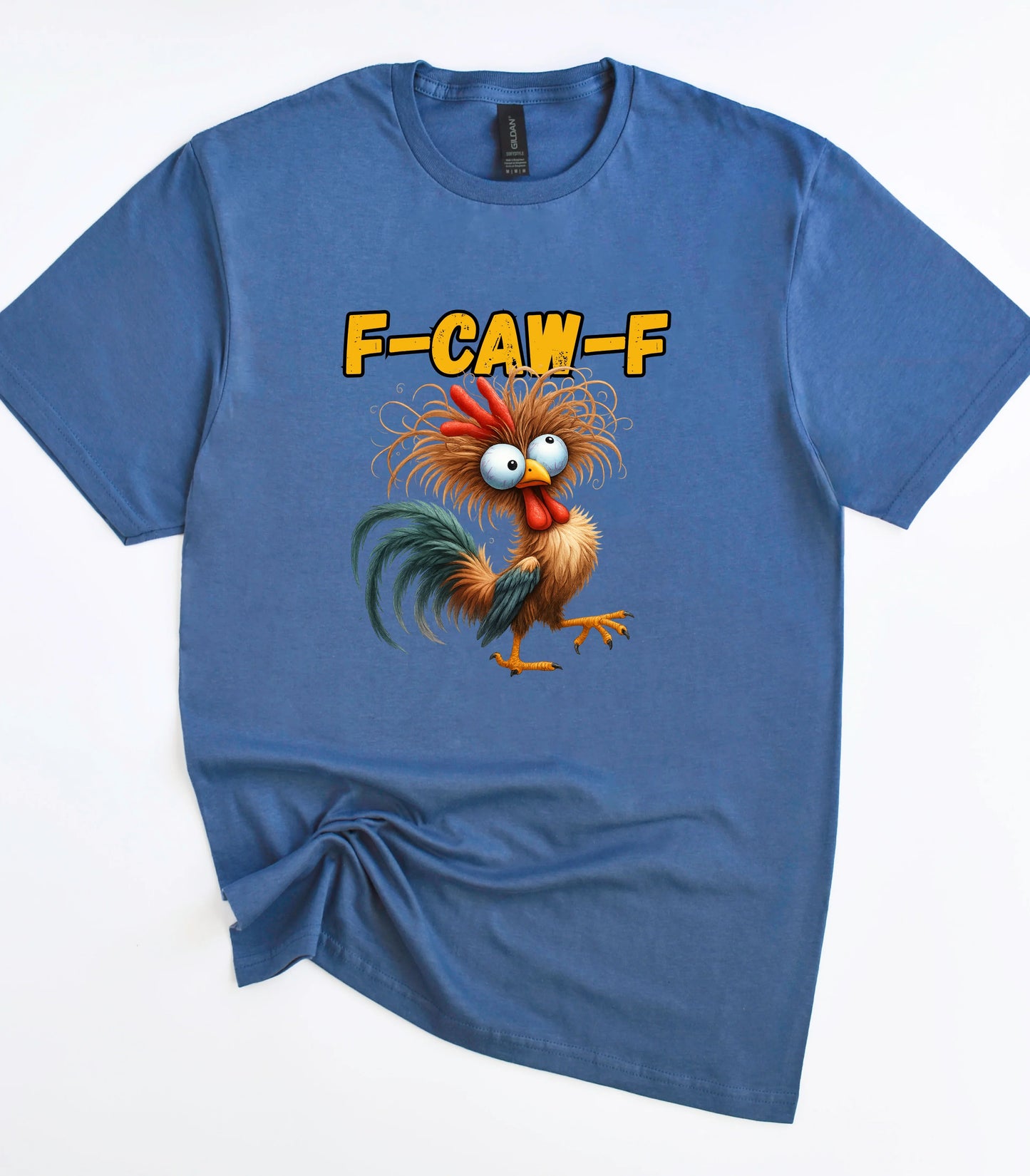 Funny chicken graphic t-shirt with F-CAW-F text on blue tee