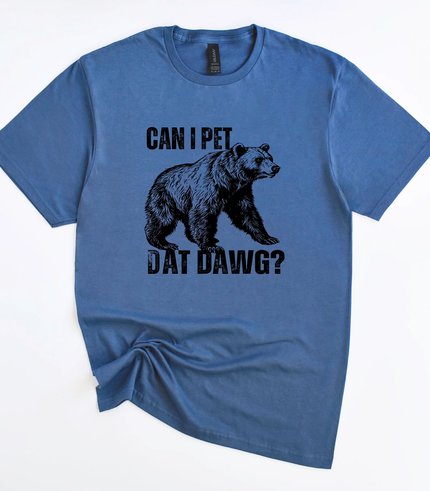 Funny bear graphic t-shirt with 'Can I Pet Dat Dawg?' text on blue tee