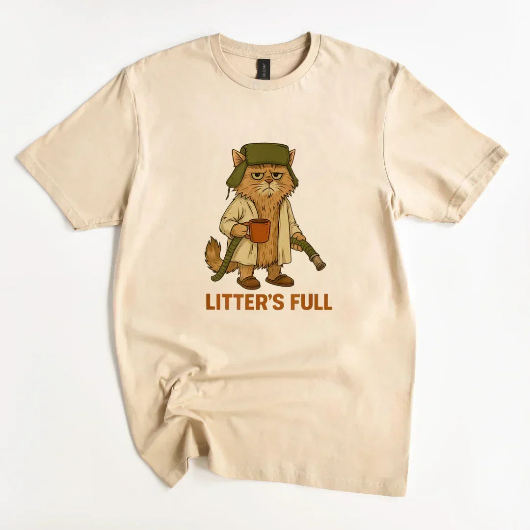 Funny cat graphic tee with 'LITTER'S FULL' text on beige shirt