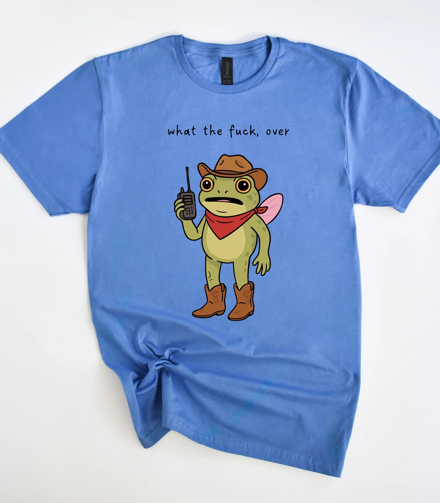 Funny frog graphic tee with cowboy hat and walkie-talkie on blue shirt