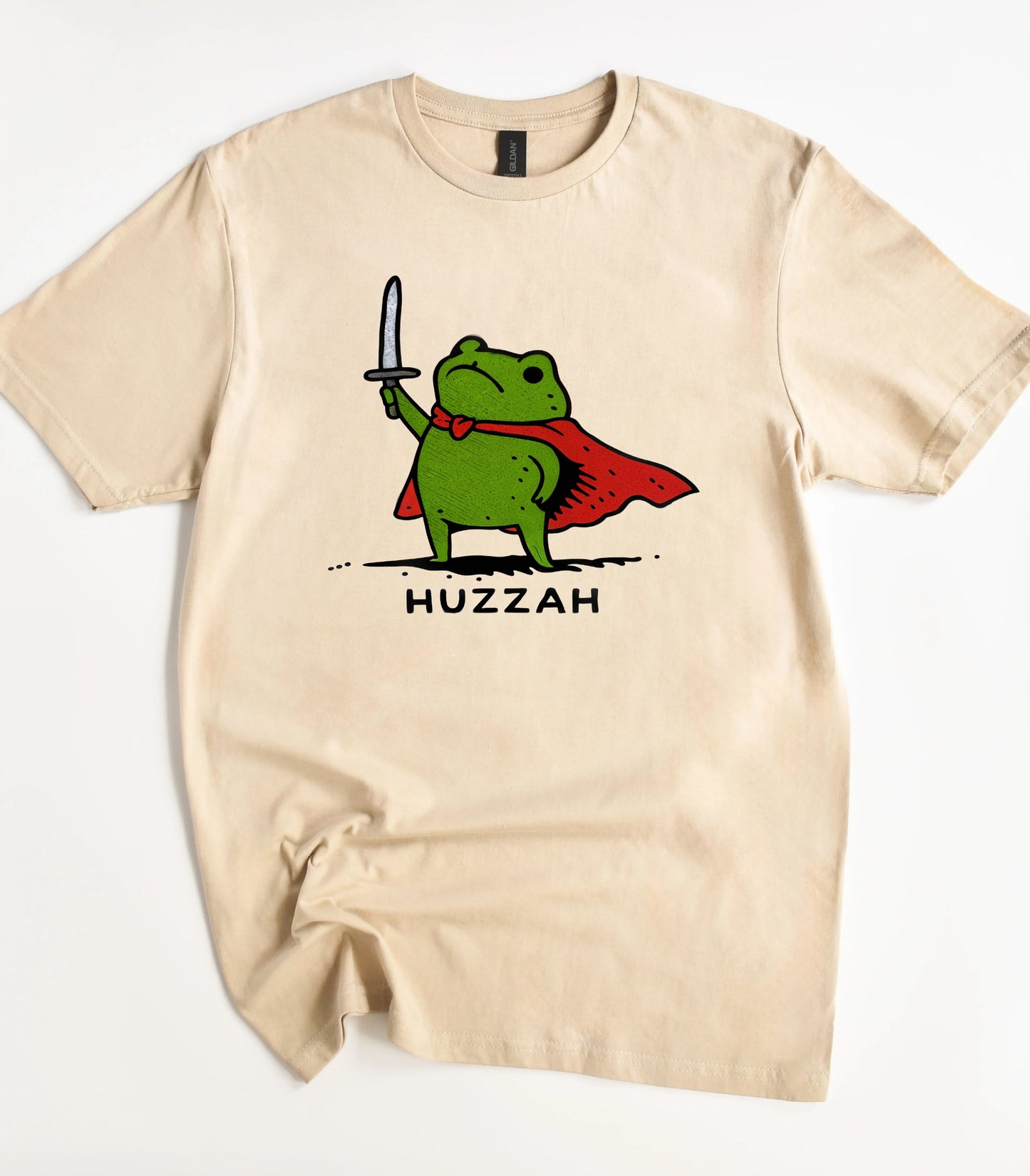 Funny frog graphic tee with sword and cape, HUZZAH text
