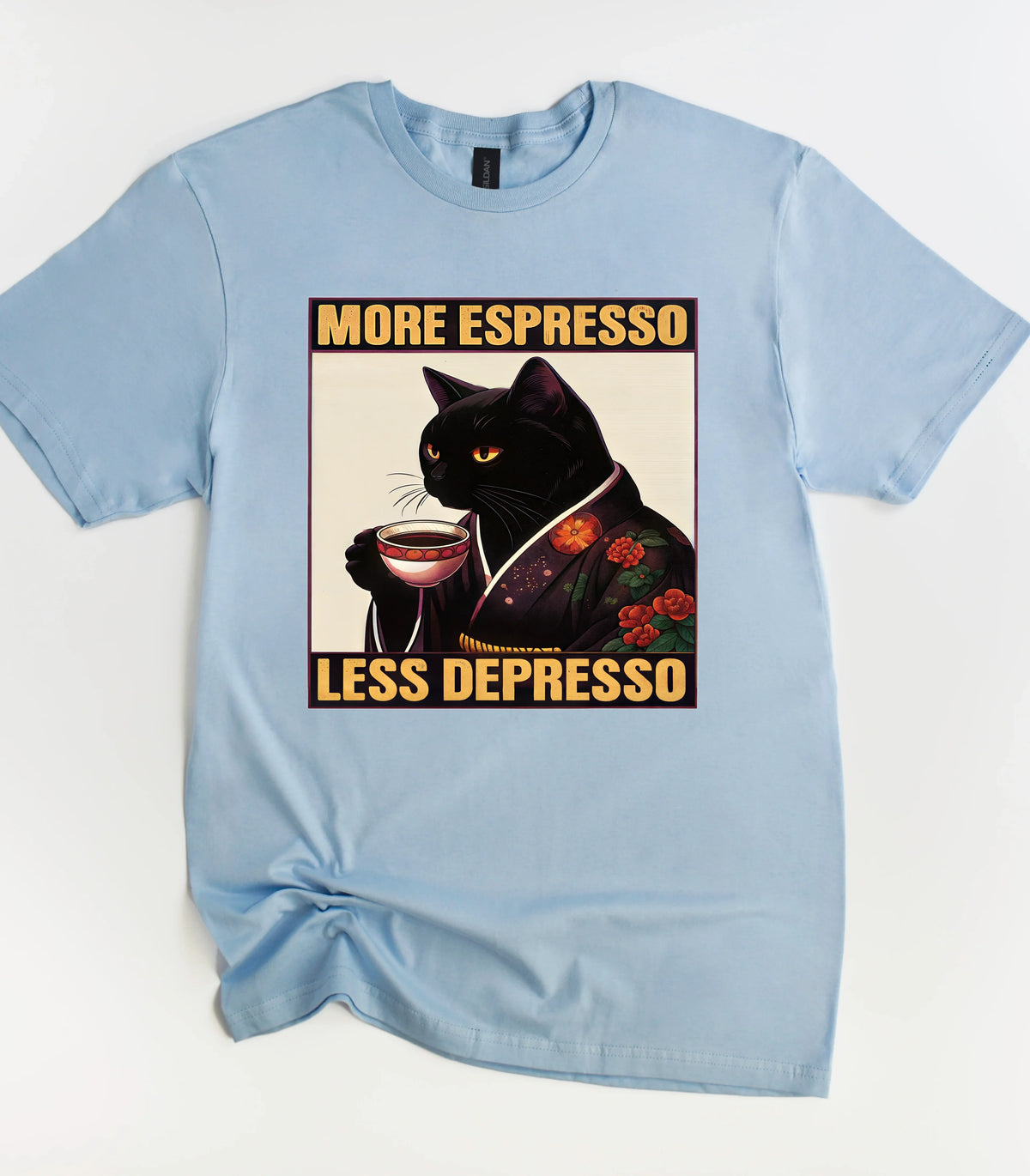 Funny cat graphic tee with 'More Espresso Less Depresso' text and black cat in kimono holding coffee cup