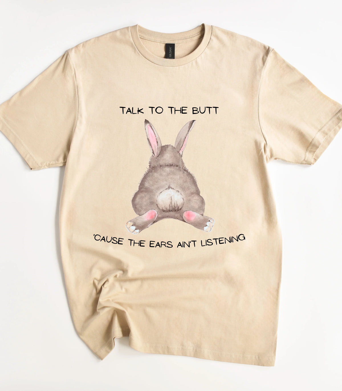Funny rabbit graphic tee with 'Talk to the Butt' text
