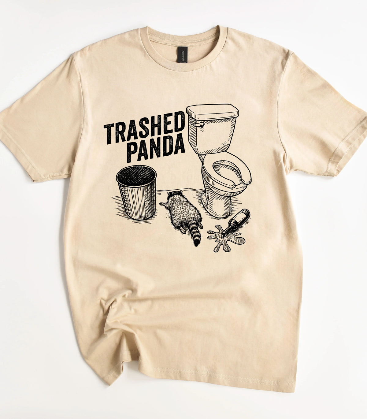 Trashed Panda funny graphic tee with raccoon, toilet, trash can design