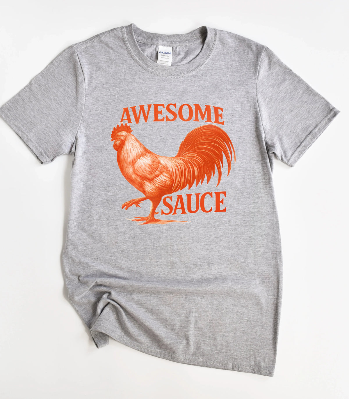 Awesome Sauce rooster graphic t-shirt on gray tee