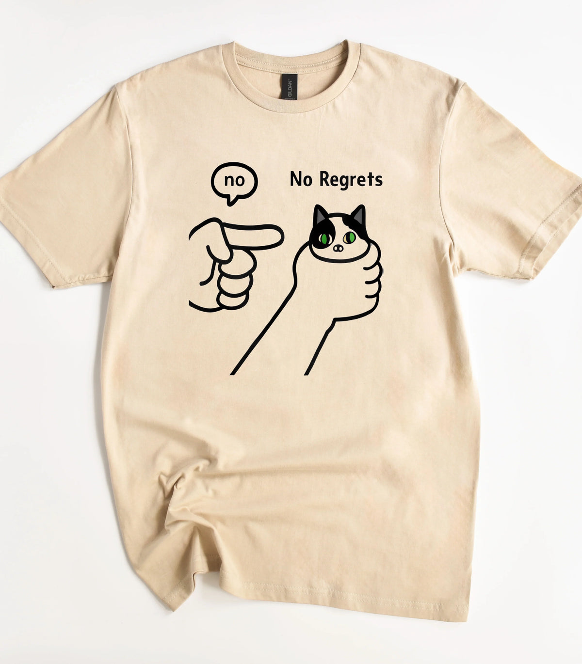 No Regrets cat graphic tee with pointing hand and speech bubble