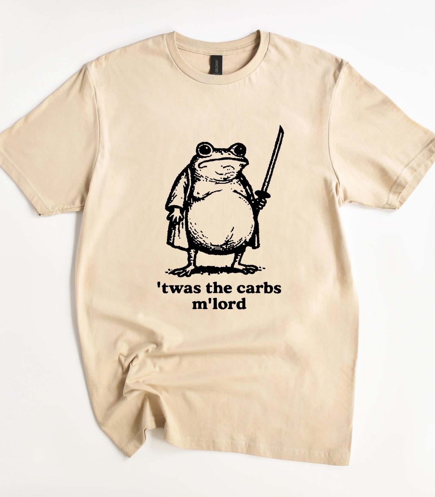 Funny frog graphic tee with sword and 'twas the carbs m'lord text