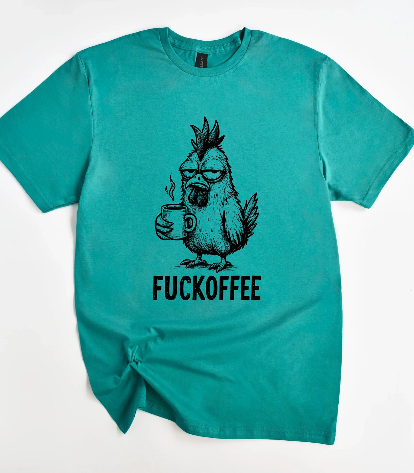 Funny chicken graphic tee with coffee cup and 'FUCKOFFEE' text