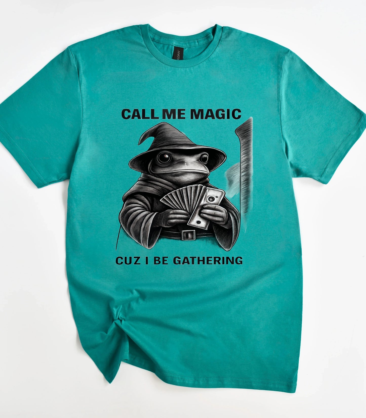 Funny frog wizard graphic tee with magic cards design