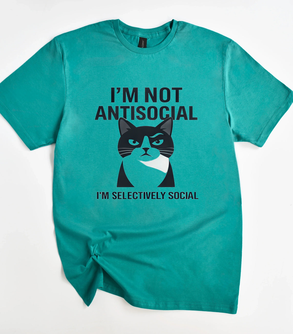 Funny cat graphic tee with 'I'm not antisocial, I'm selectively social' text on teal shirt
