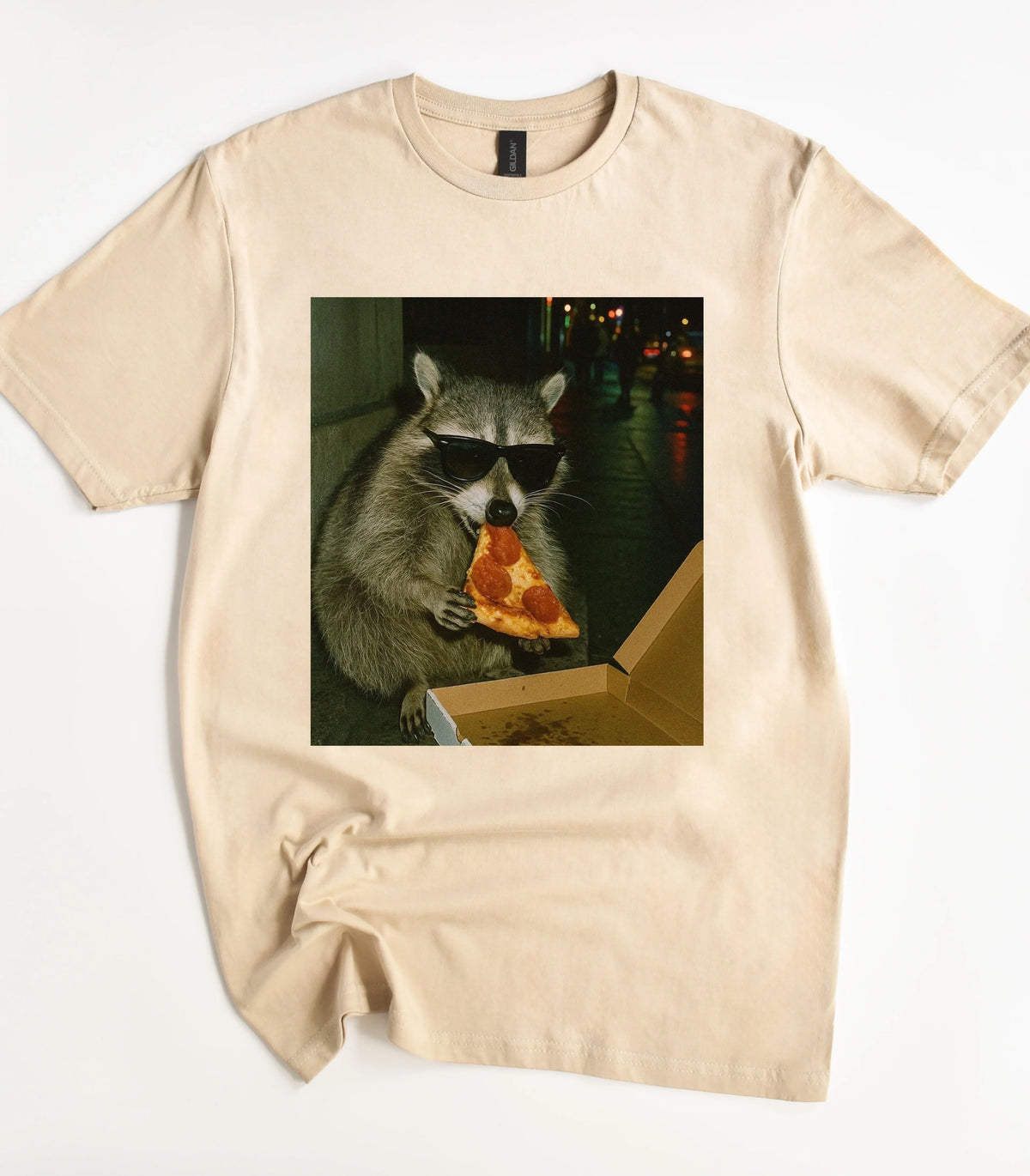 Raccoon wearing sunglasses eating pizza graphic t-shirt